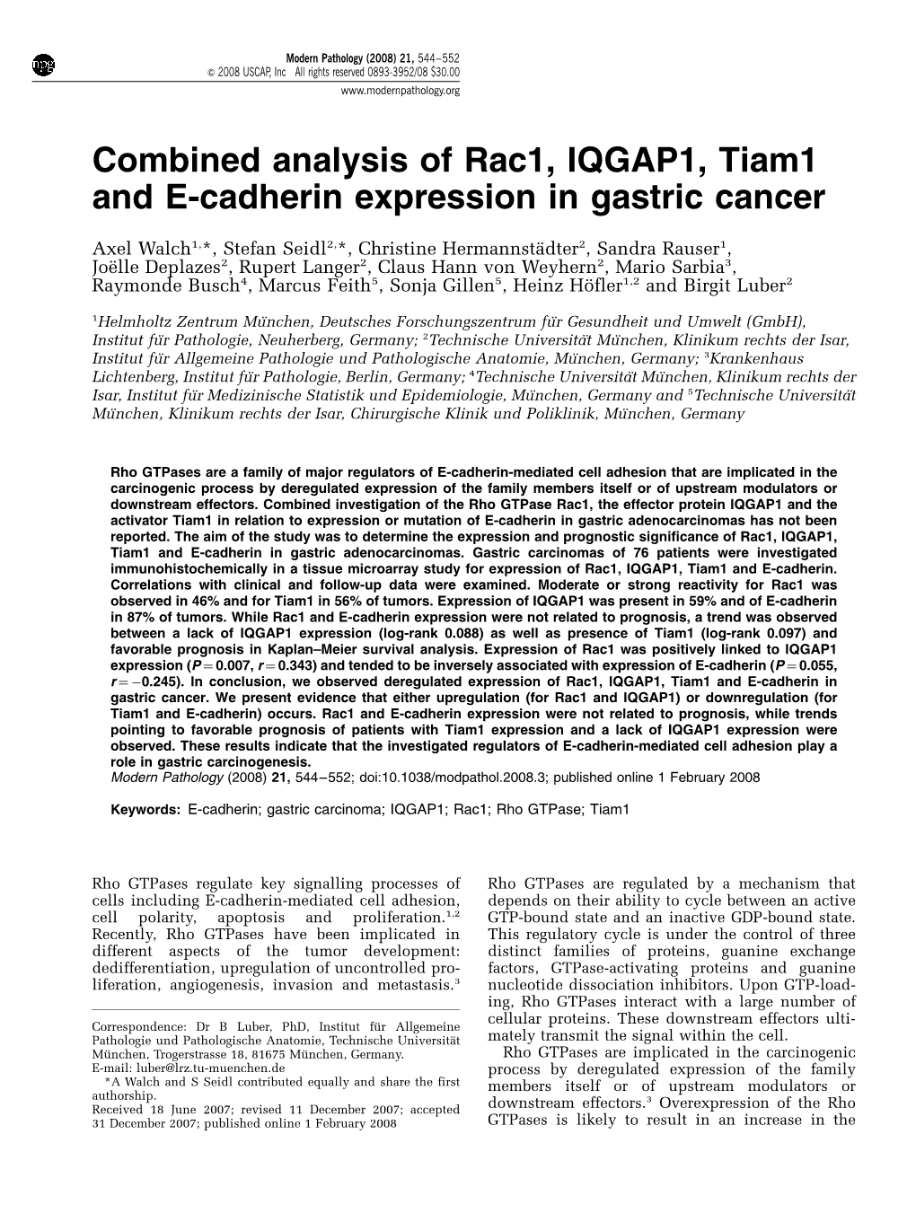 Combined Analysis of Rac1, IQGAP1, Tiam1 and E-Cadherin Expression in Gastric Cancer