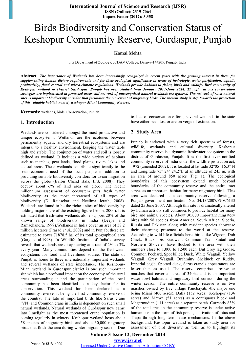 Birds Biodiversity and Conservation Status of Keshopur Community Reserve, Gurdaspur, Punjab