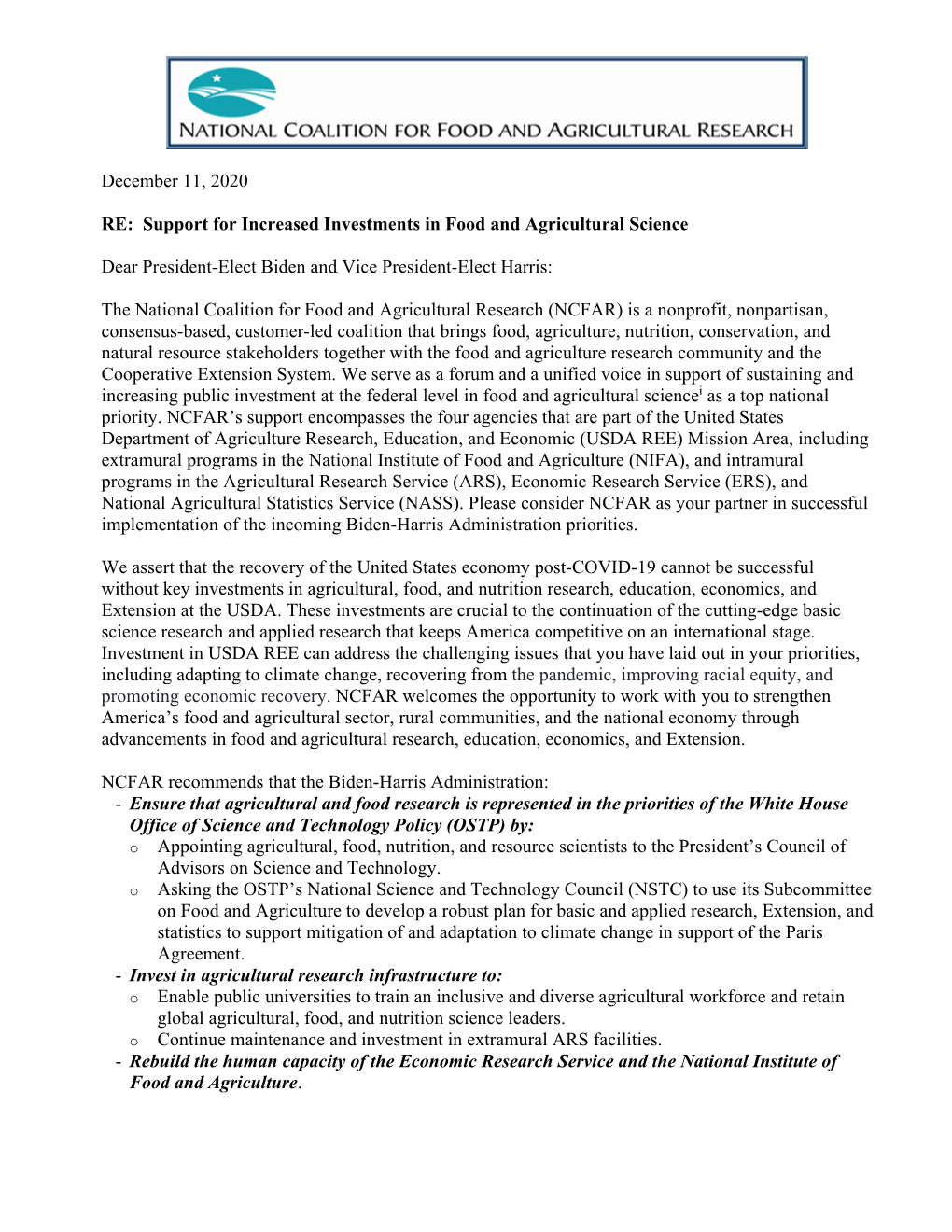NCFAR Letter to Biden Transition Team 2020