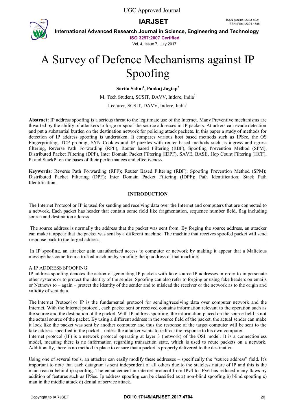 A Survey of Defence Mechanisms Against IP Spoofing