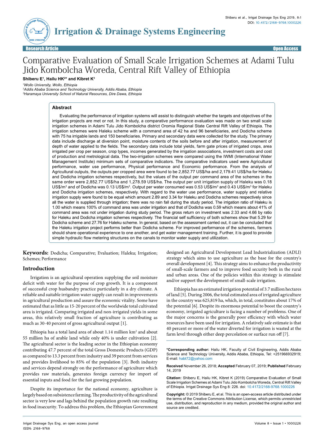 Comparative Evaluation of Small Scale Irrigation Schemes at Adami