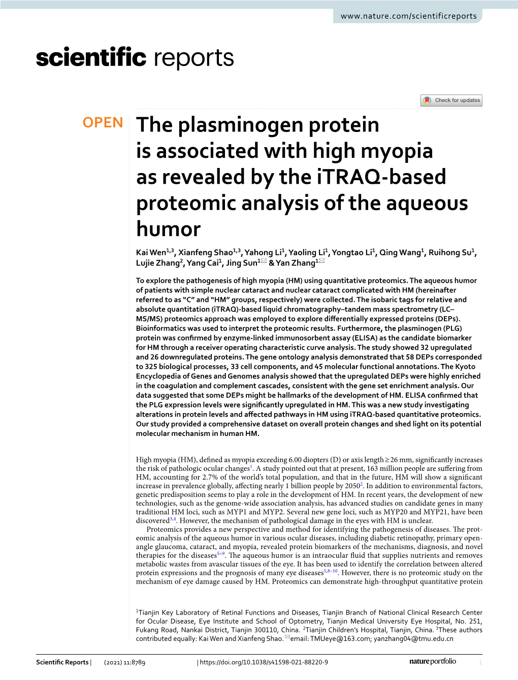 The Plasminogen Protein Is Associated with High Myopia As