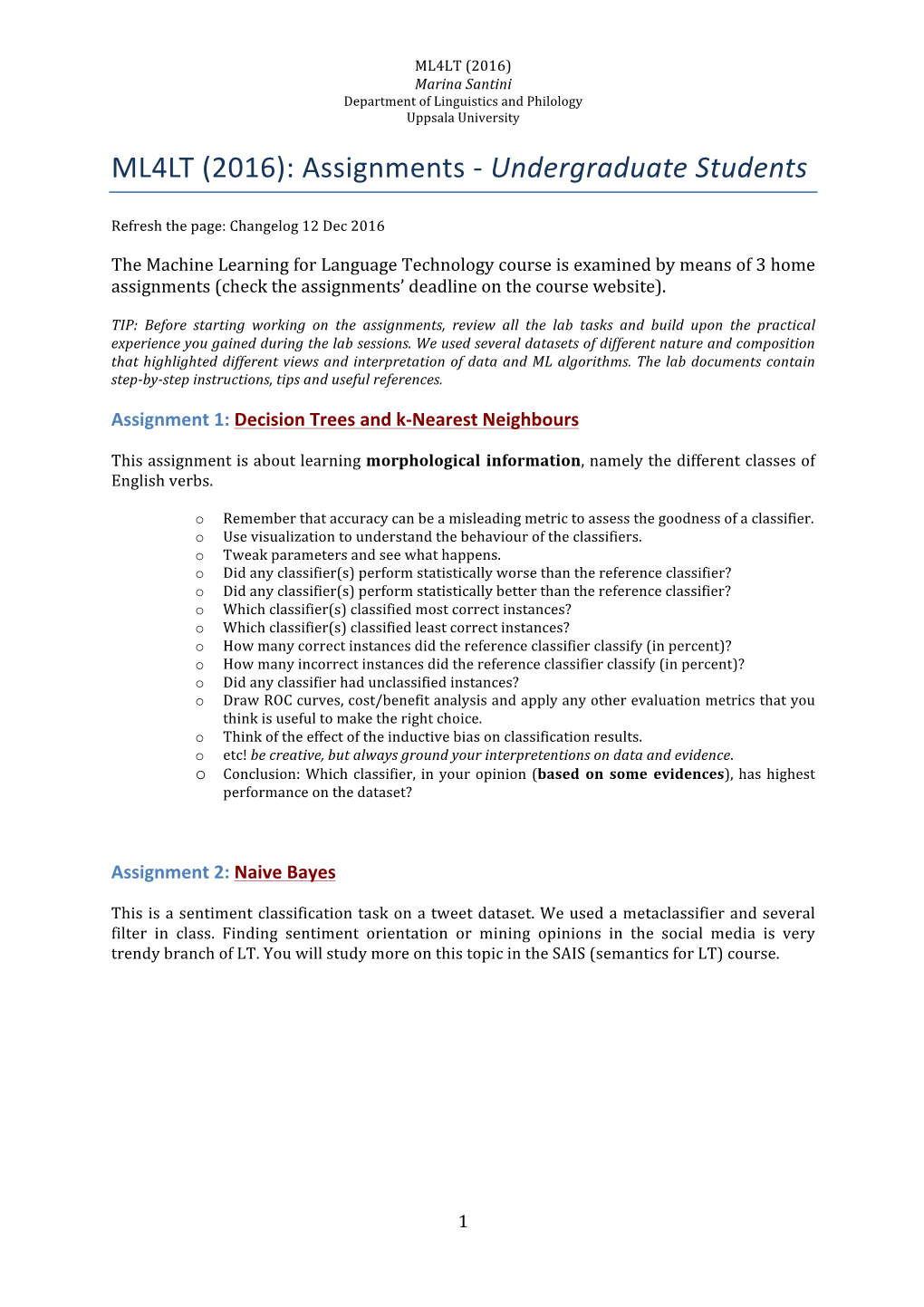 ML4LT (2016): Assignments - Undergraduate Students