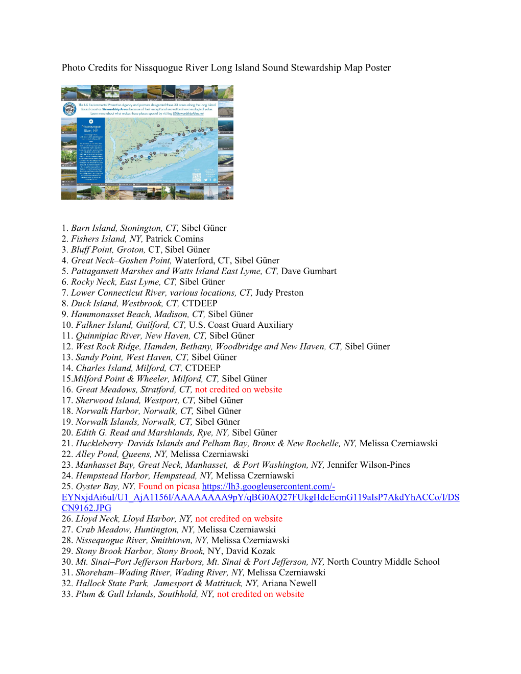 Photo Credits for Nissquogue River Long Island Sound Stewardship Map Poster