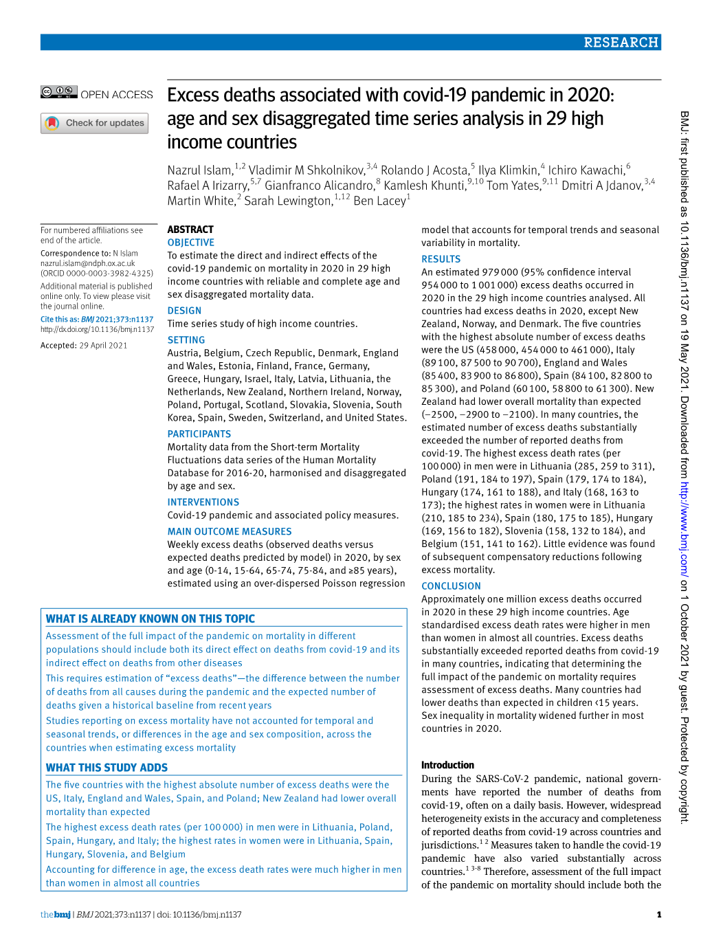 Excess Deaths Associated with Covid-19 Pandemic in 2020