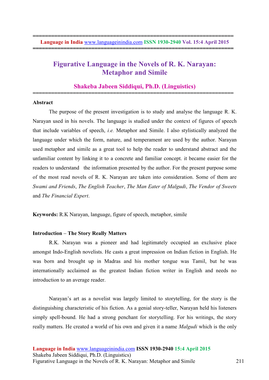 Figurative Language in the Novels of R. K. Narayan: Metaphor and Simile