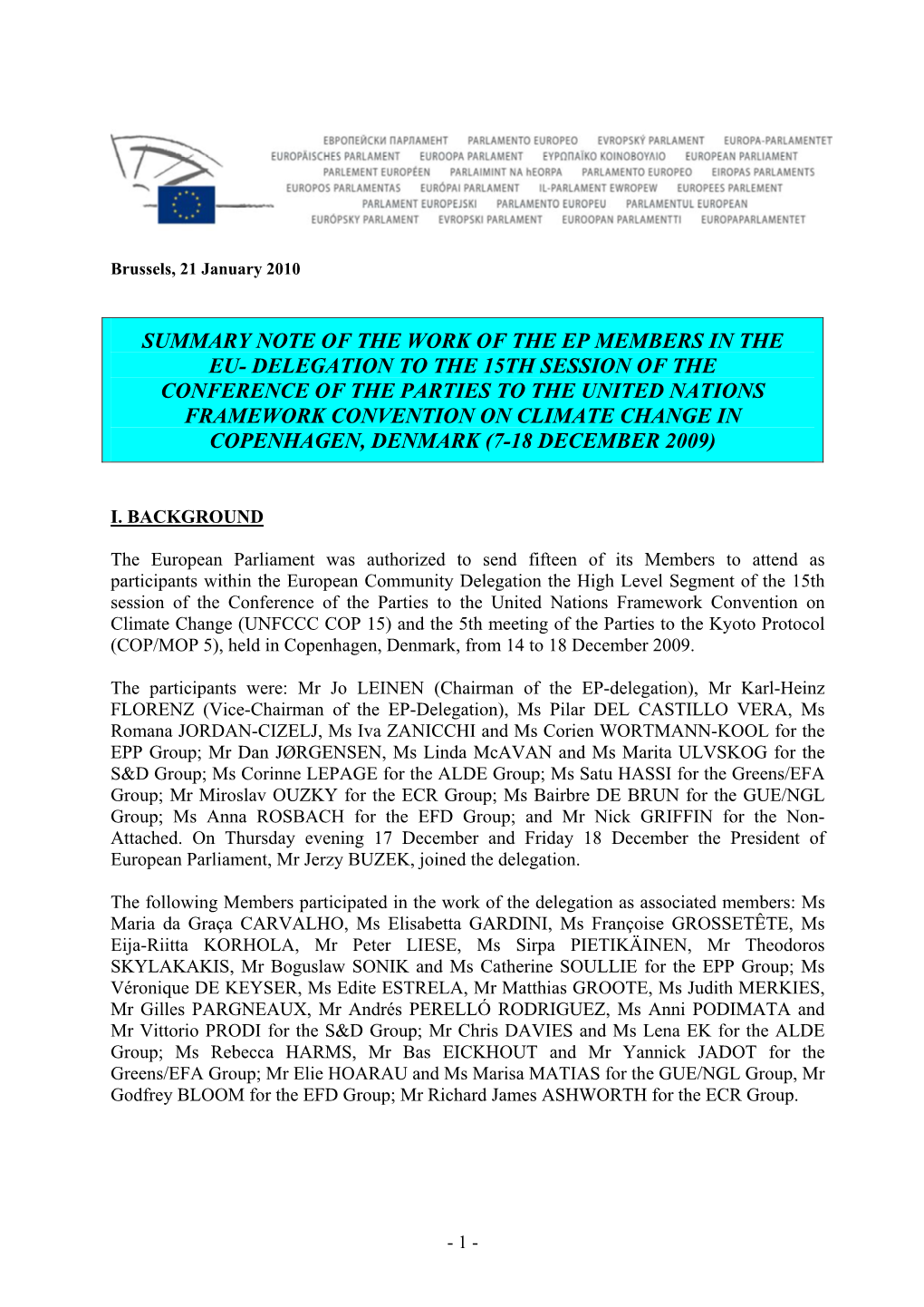 Summary Note of the Work of the Ep Members in the Eu- Delegation to the 15Th Session of the Conference of the Parties To