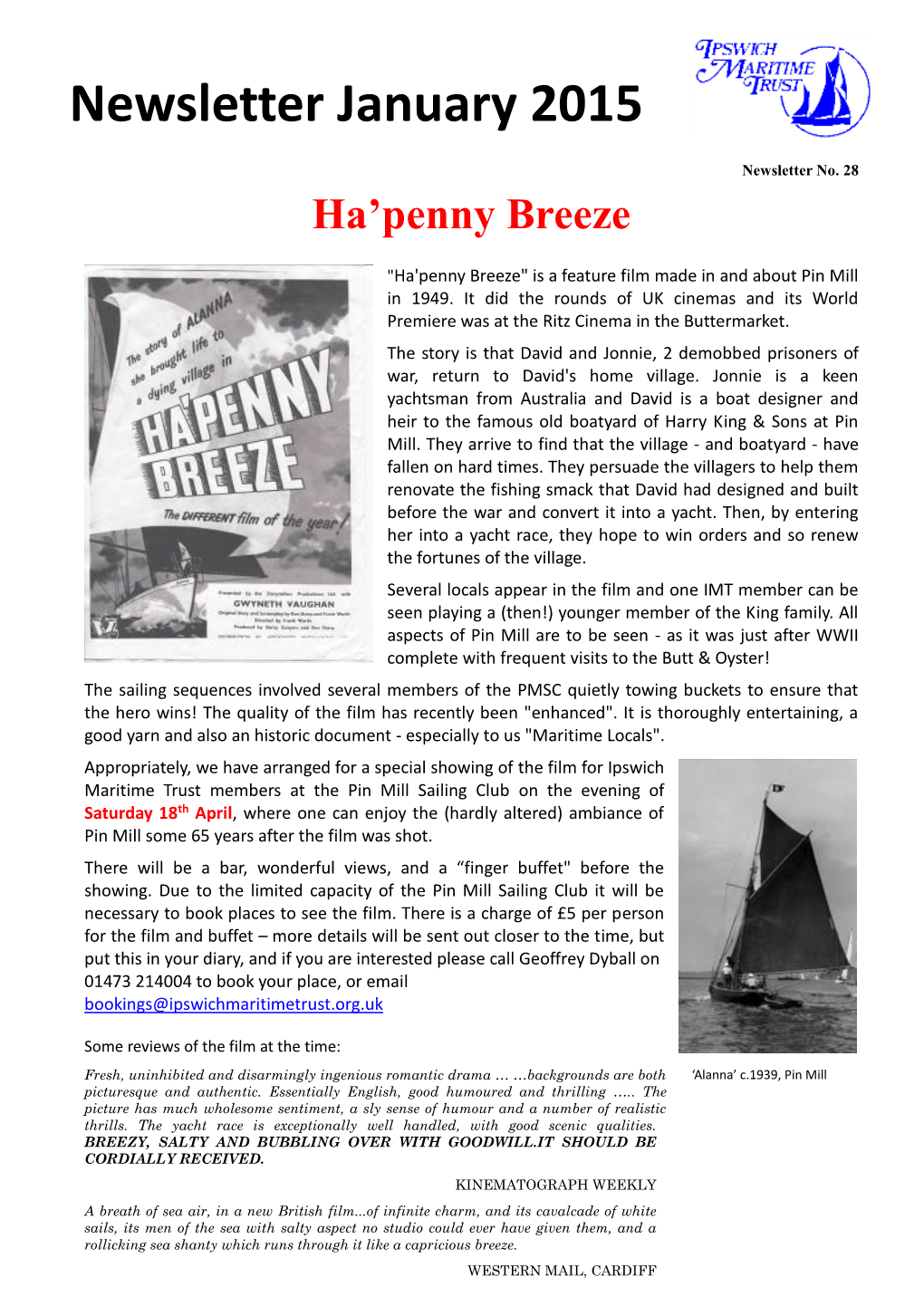 Ha'penny Breeze" Is a Feature Film Made in and About Pin Mill in 1949