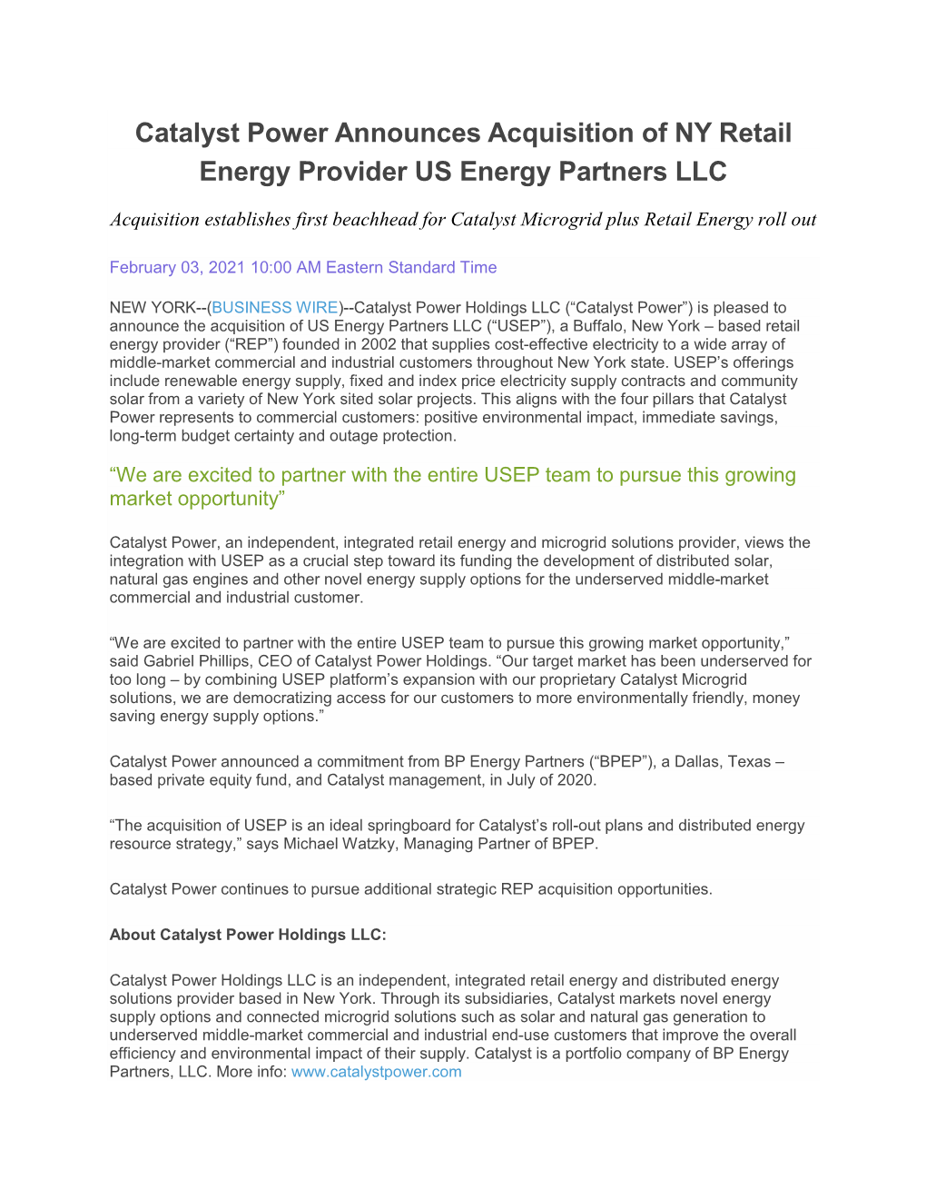 Catalyst Power Announces Acquisition of NY Retail Energy Provider US Energy Partners LLC