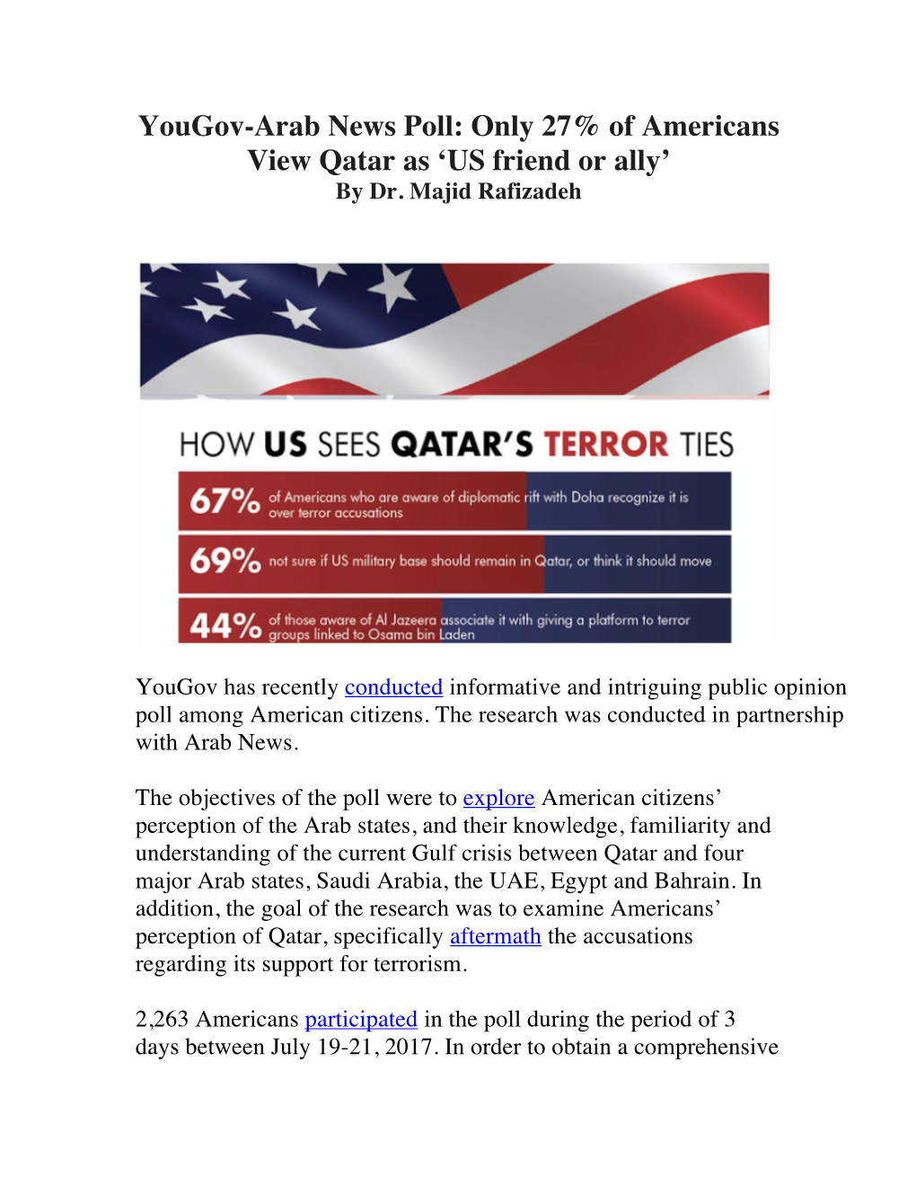 Yougov-Arab News Poll: Only 27% of Americans View Qatar As 'US Friend