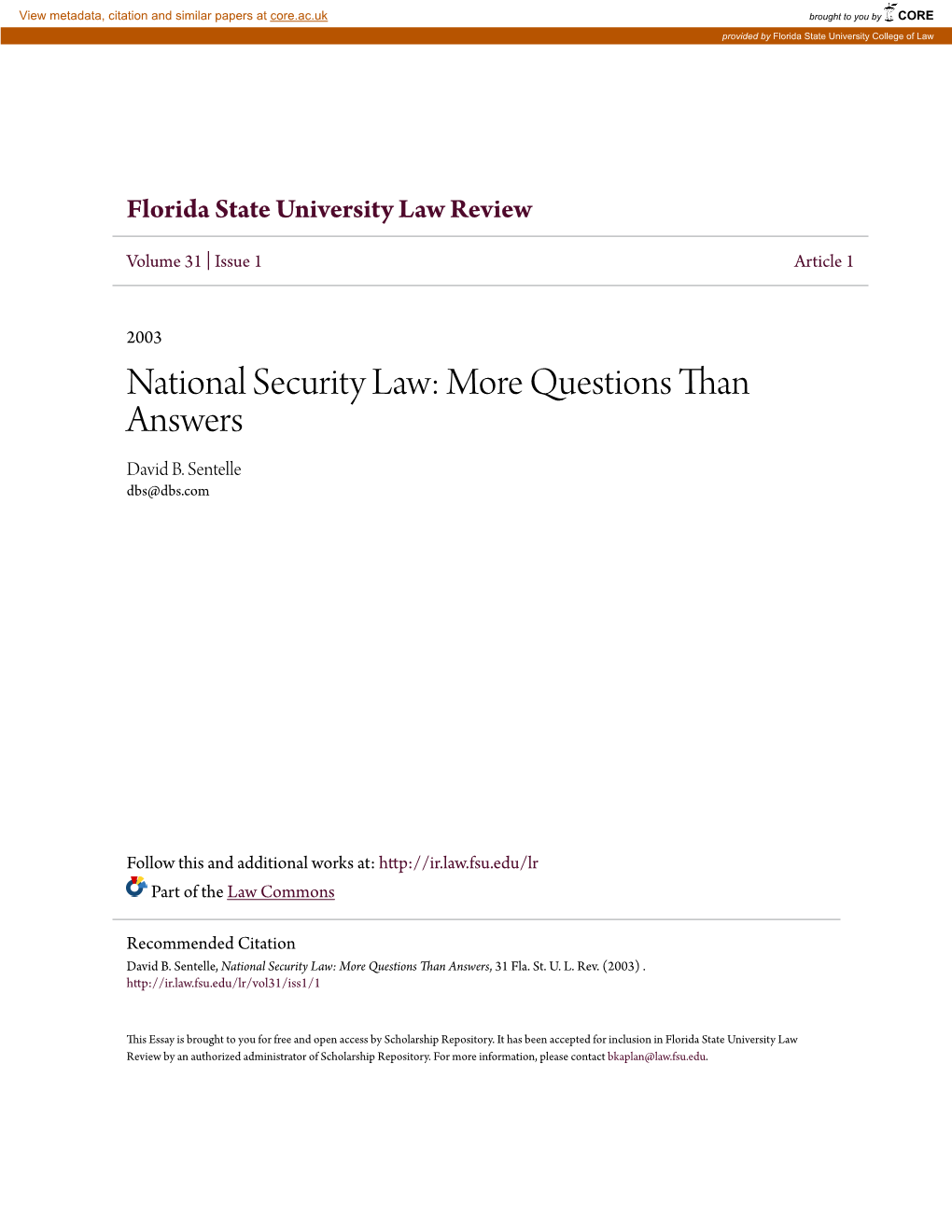 National Security Law: More Questions Than Answers David B