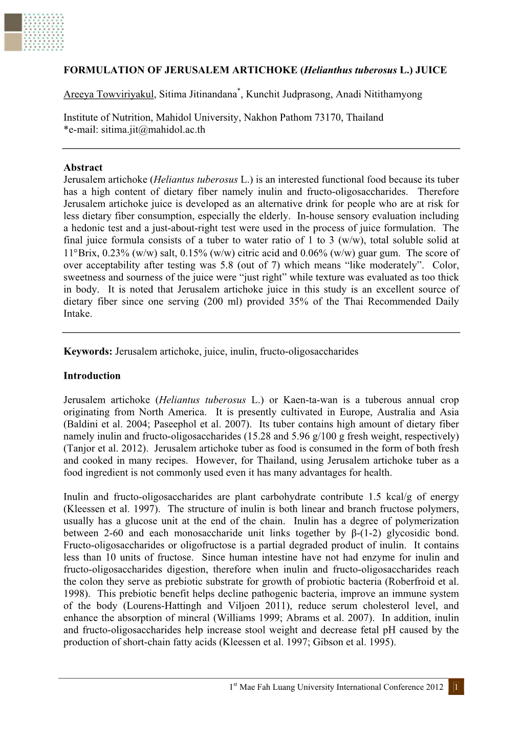 FORMULATION of JERUSALEM ARTICHOKE (Helianthus Tuberosus L.) JUICE