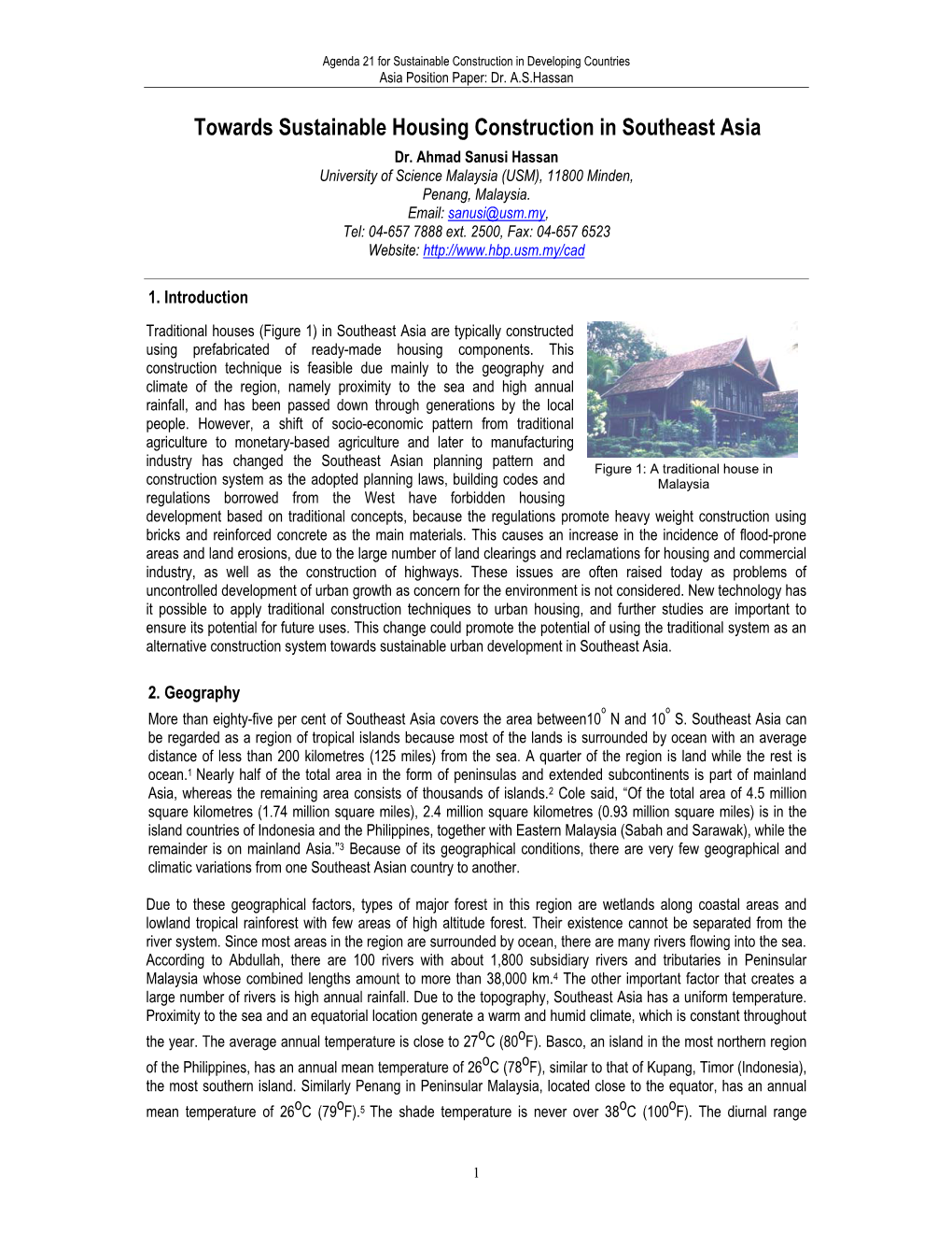 Towards Sustainable Housing Construction in Southeast Asia Dr