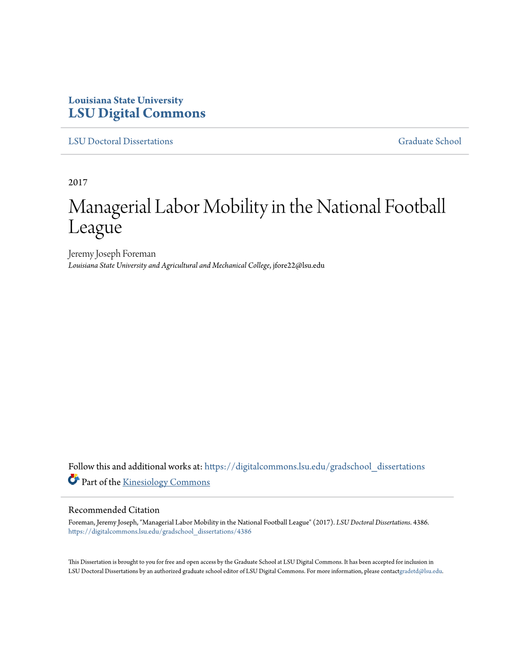 Managerial Labor Mobility in the National Football League Jeremy Joseph Foreman Louisiana State University and Agricultural and Mechanical College, Jfore22@Lsu.Edu