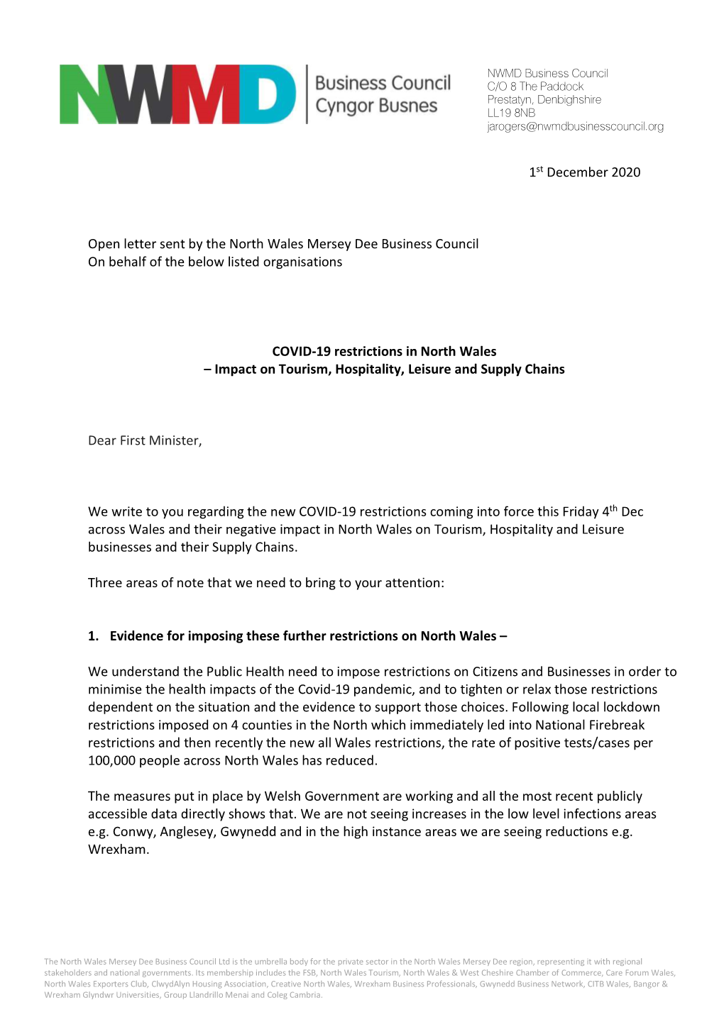 1St December 2020 Open Letter Sent by the North Wales Mersey Dee Business Council on Behalf of the Below Listed Organisations CO