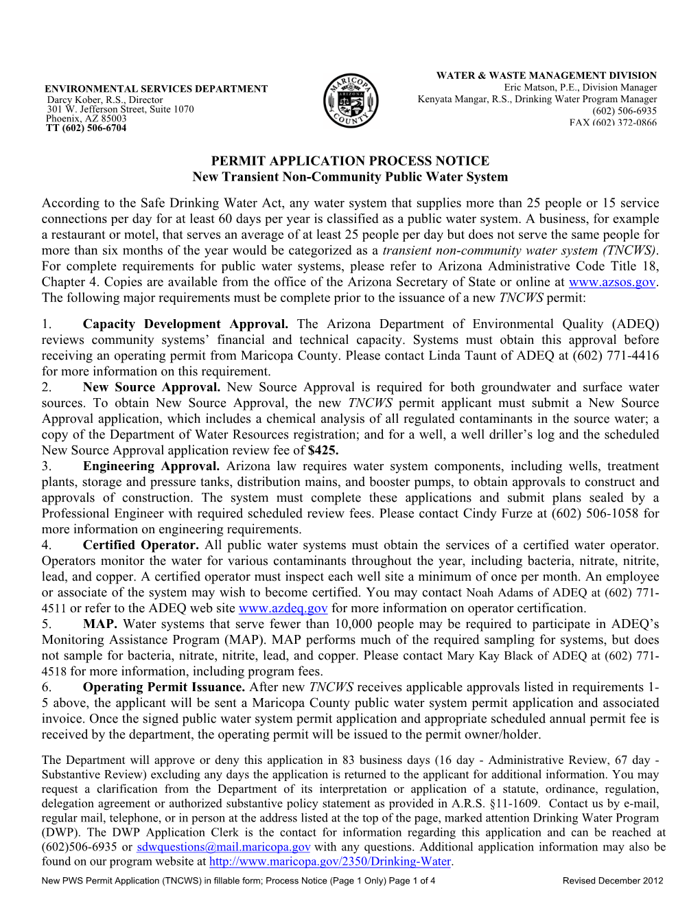 Transient Non-Community Public Water System Permit Application