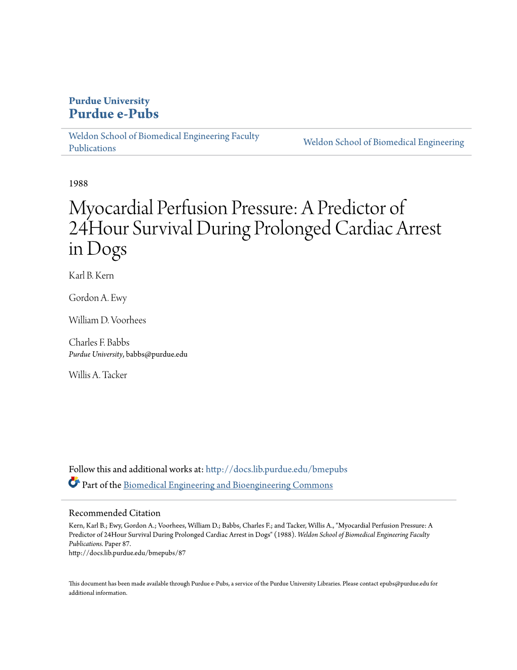 Myocardial Perfusion Pressure: a Predictor of 24Hour Survival During Prolonged Cardiac Arrest in Dogs Karl B