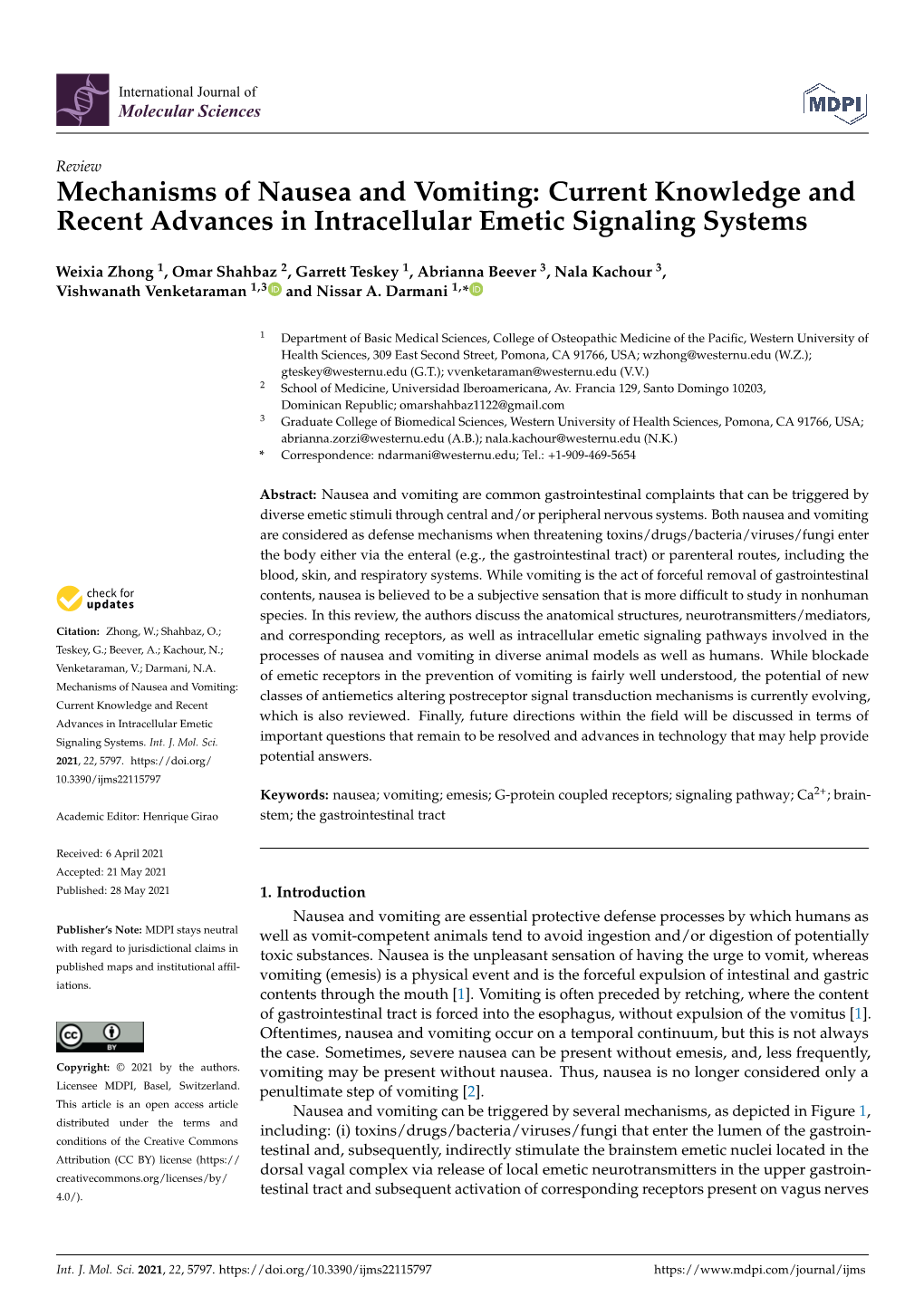 Mechanisms of Nausea and Vomiting: Current Knowledge and Recent Advances in Intracellular Emetic Signaling Systems