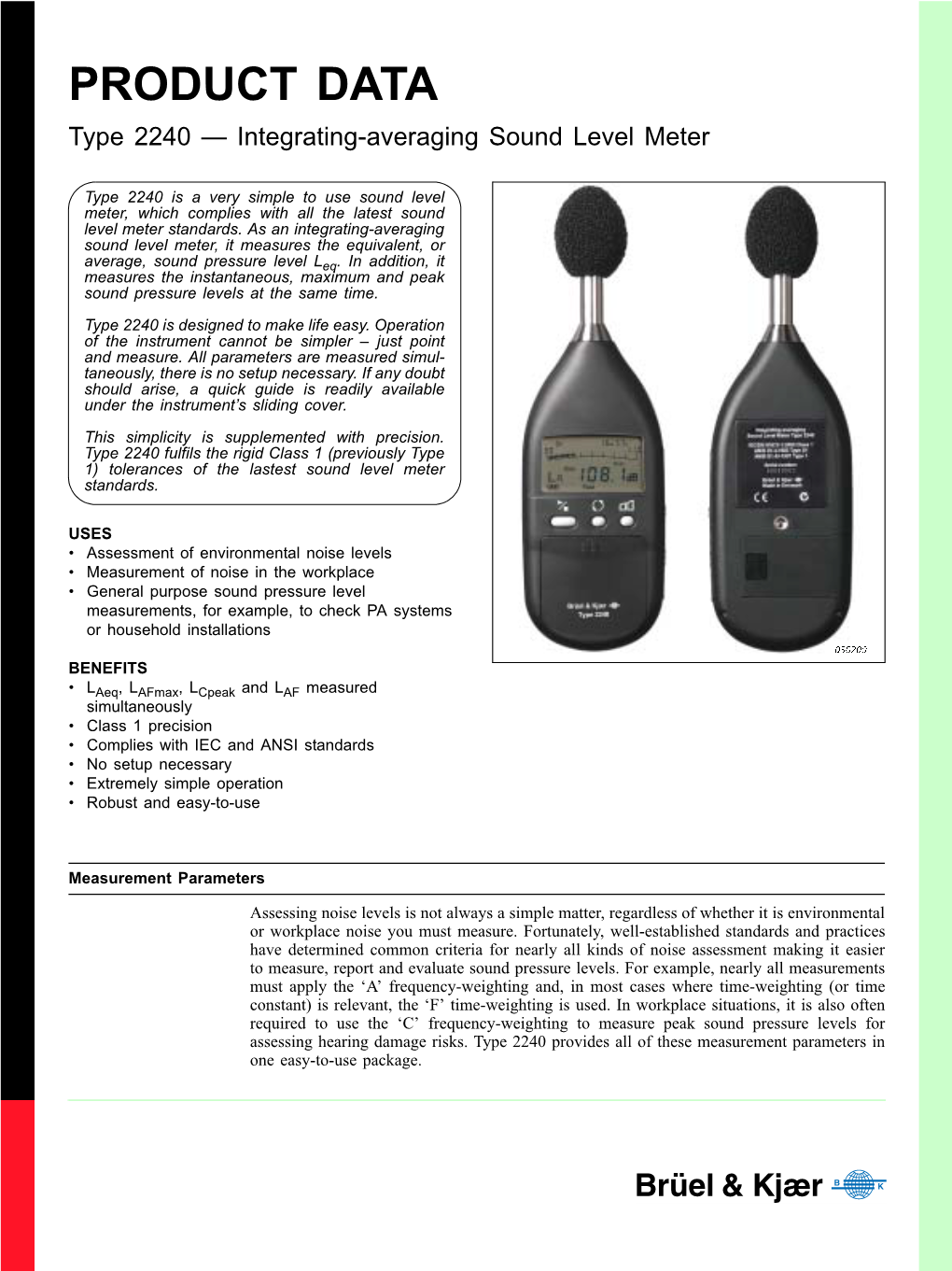 Product Data: Integrating Averaging Sound Level Meter Type 2240