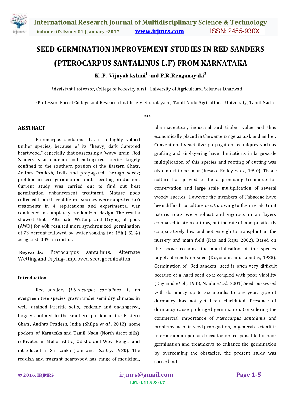 Seed Germination Improvement Studies in Red Sanders (Pterocarpus Santalinus L.F) from Karnataka K..P