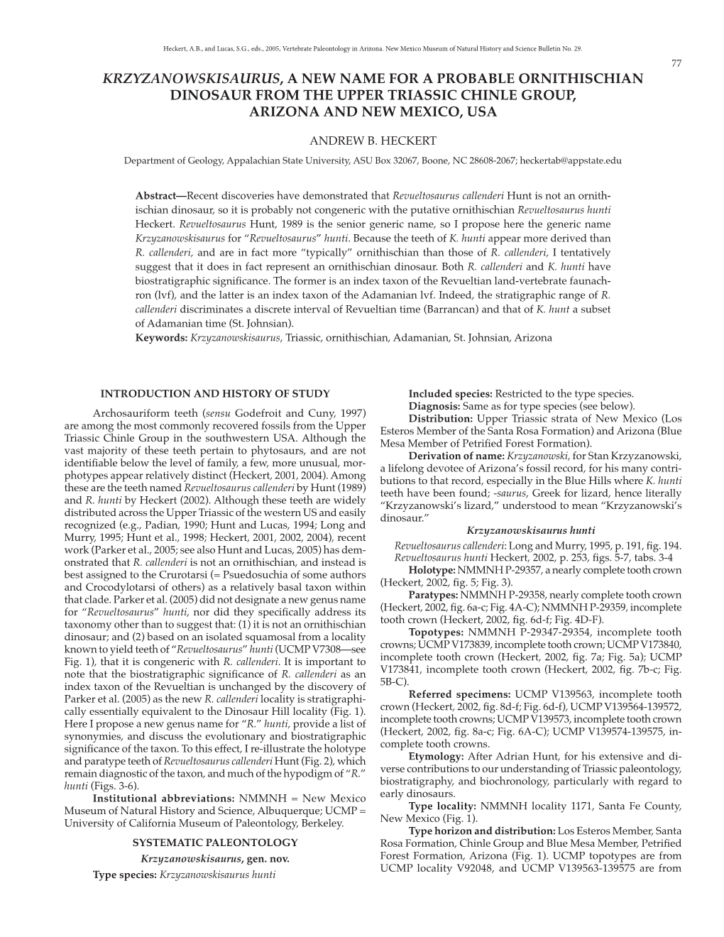 Krzyzanowskisaurus, a New Name for a Probable Ornithischian Dinosaur from the Upper Triassic Chinle Group, Arizona and New Mexico, Usa