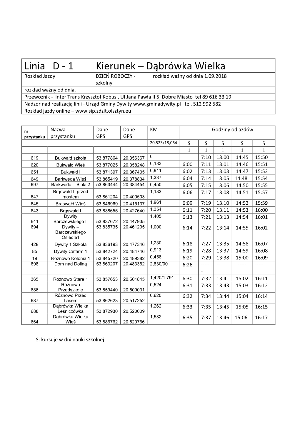 Dąbrówka Wielka Rozkład Jazdy DZIEŃ ROBOCZY - Rozkład Ważny Od Dnia 1.09.2018 Szkolny Rozkład Ważny Od Dnia