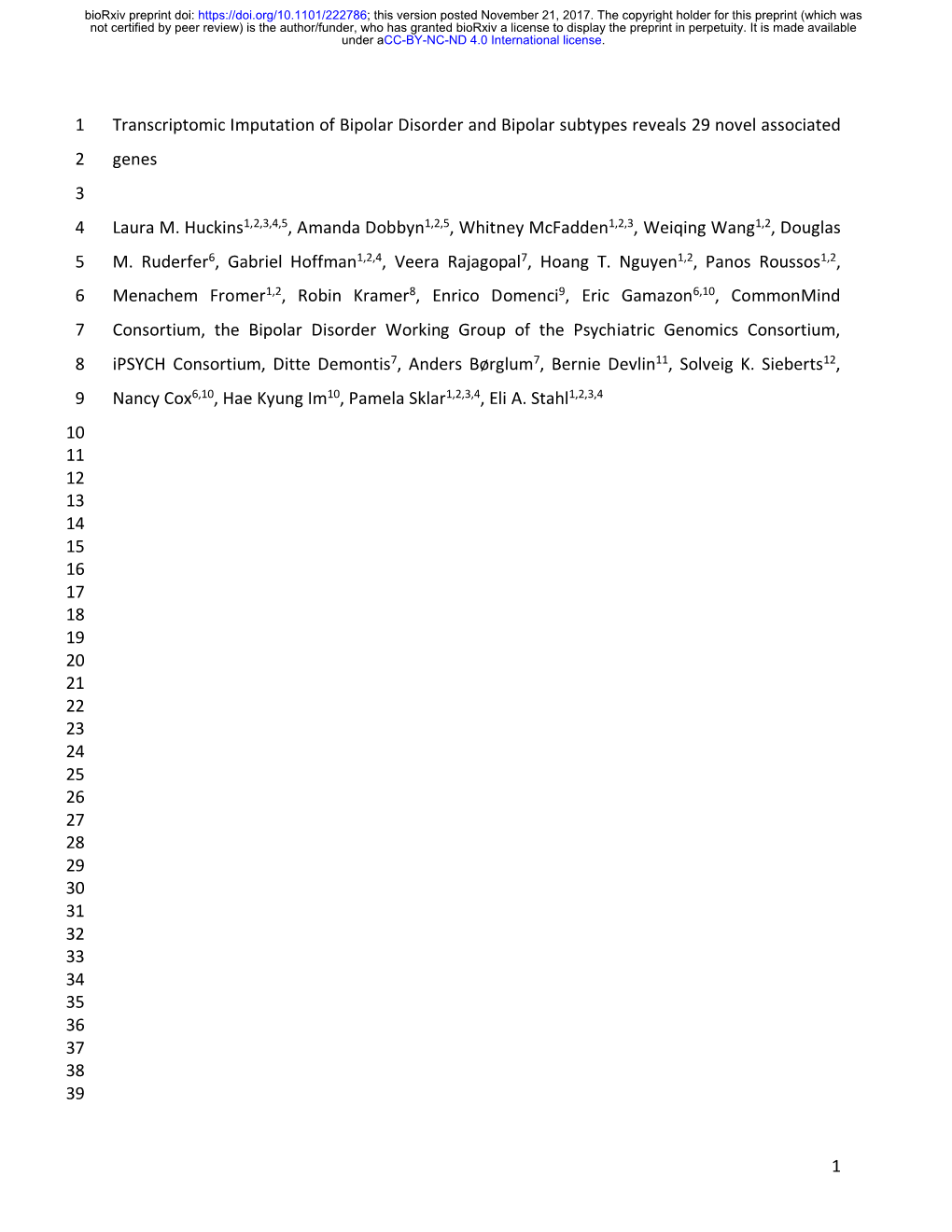 Transcriptomic Imputation of Bipolar Disorder and Bipolar Subtypes Reveals 29 Novel Associated 2 Genes 3 4 Laura M