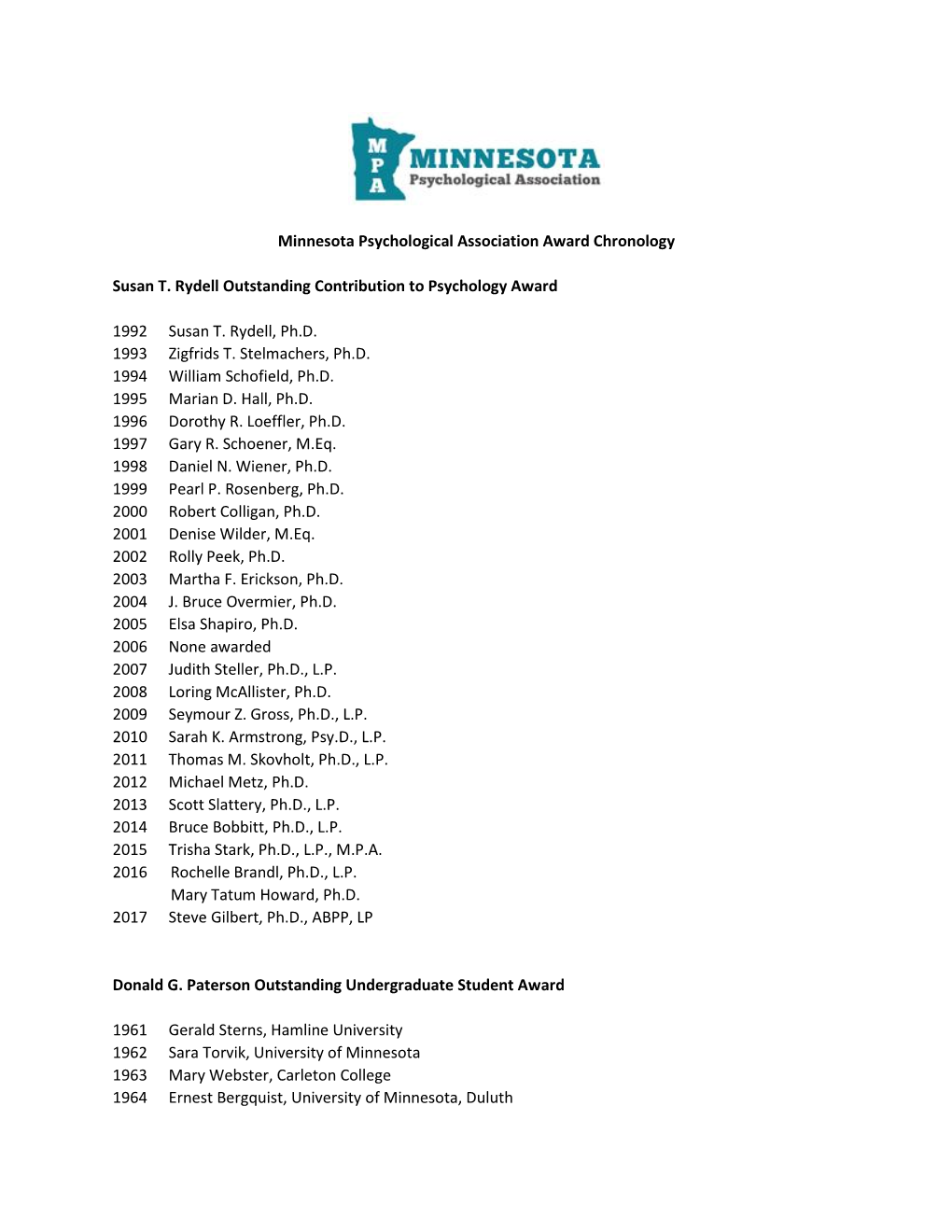 Minnesota Psychological Association Award Chronology Susan T. Rydell