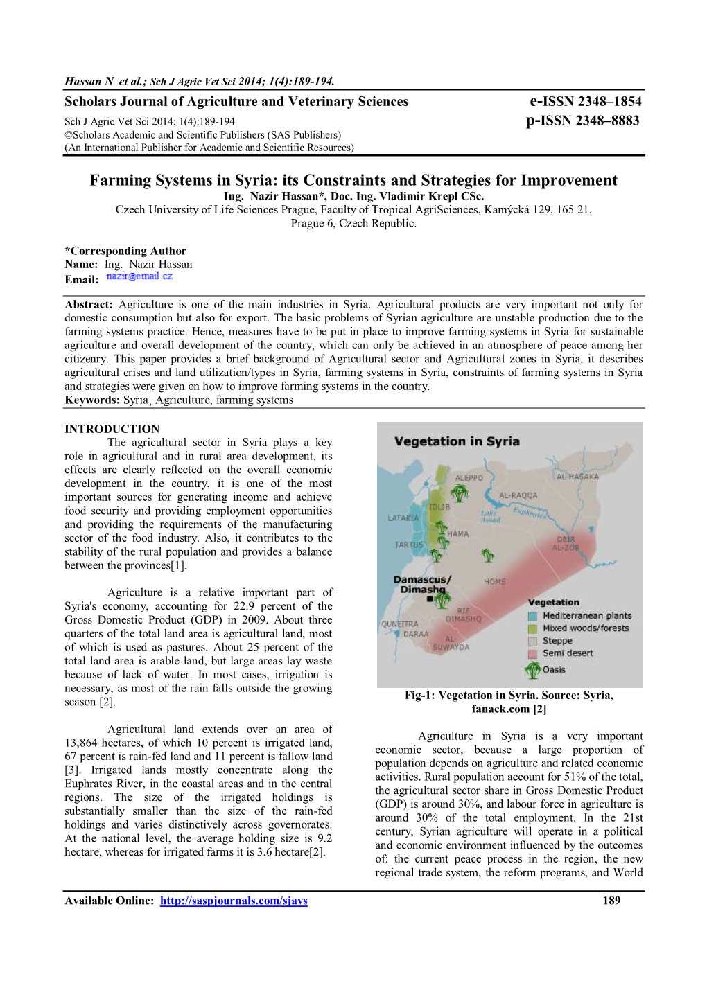 Farming Systems in Syria: Its Constraints and Strategies for Improvement Ing