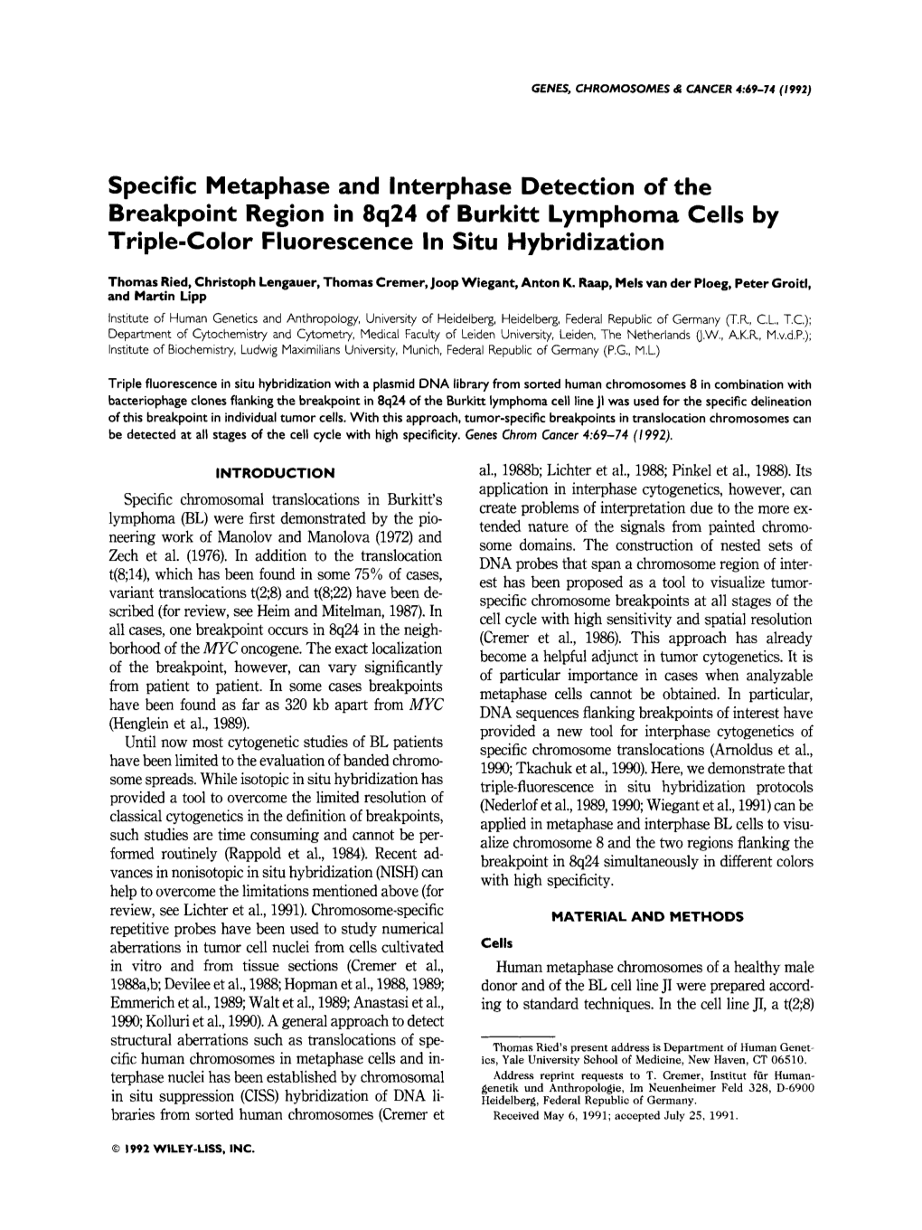 Specific Metaphase and Interphase Detection of the Breakpoint Region In