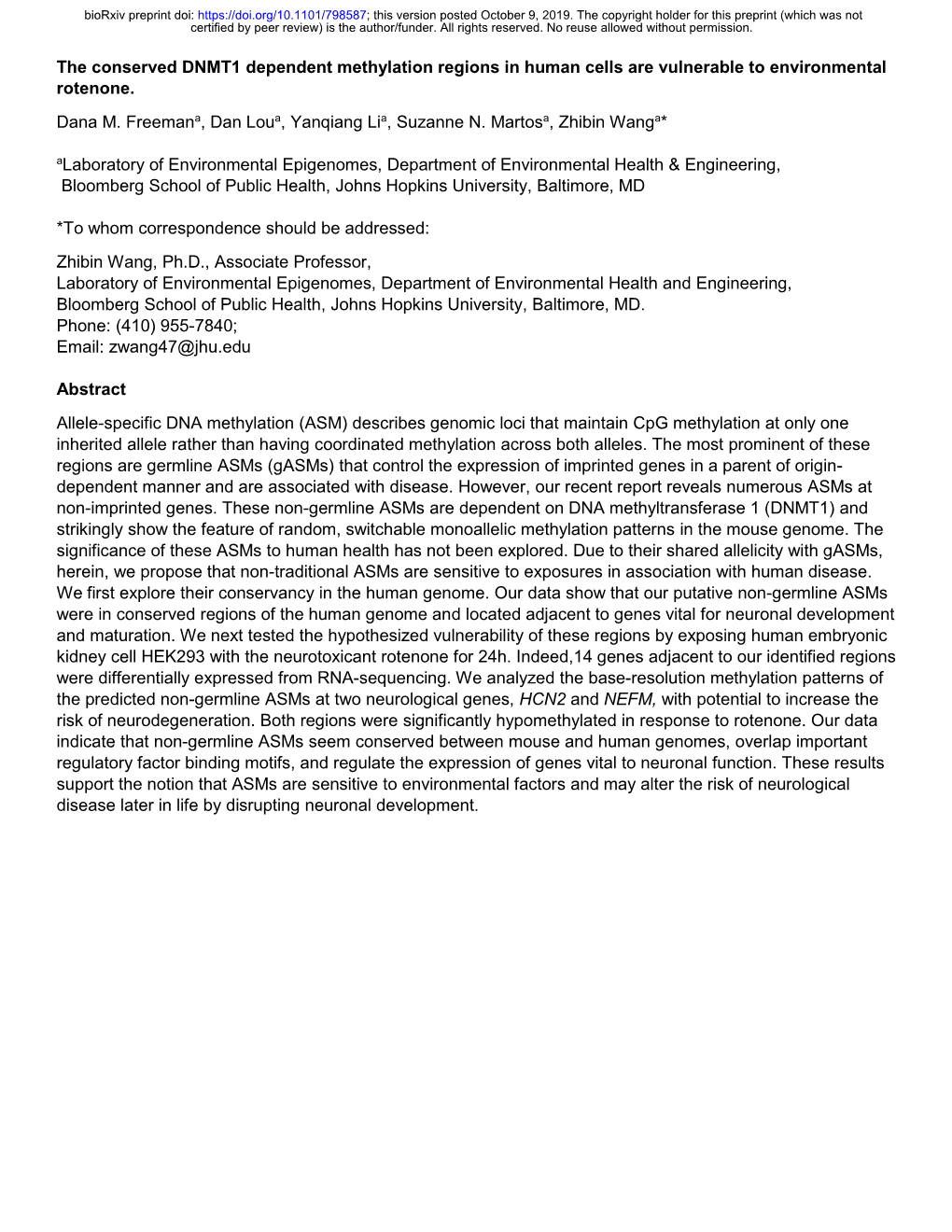 The Conserved DNMT1 Dependent Methylation Regions in Human Cells Are Vulnerable to Environmental Rotenone