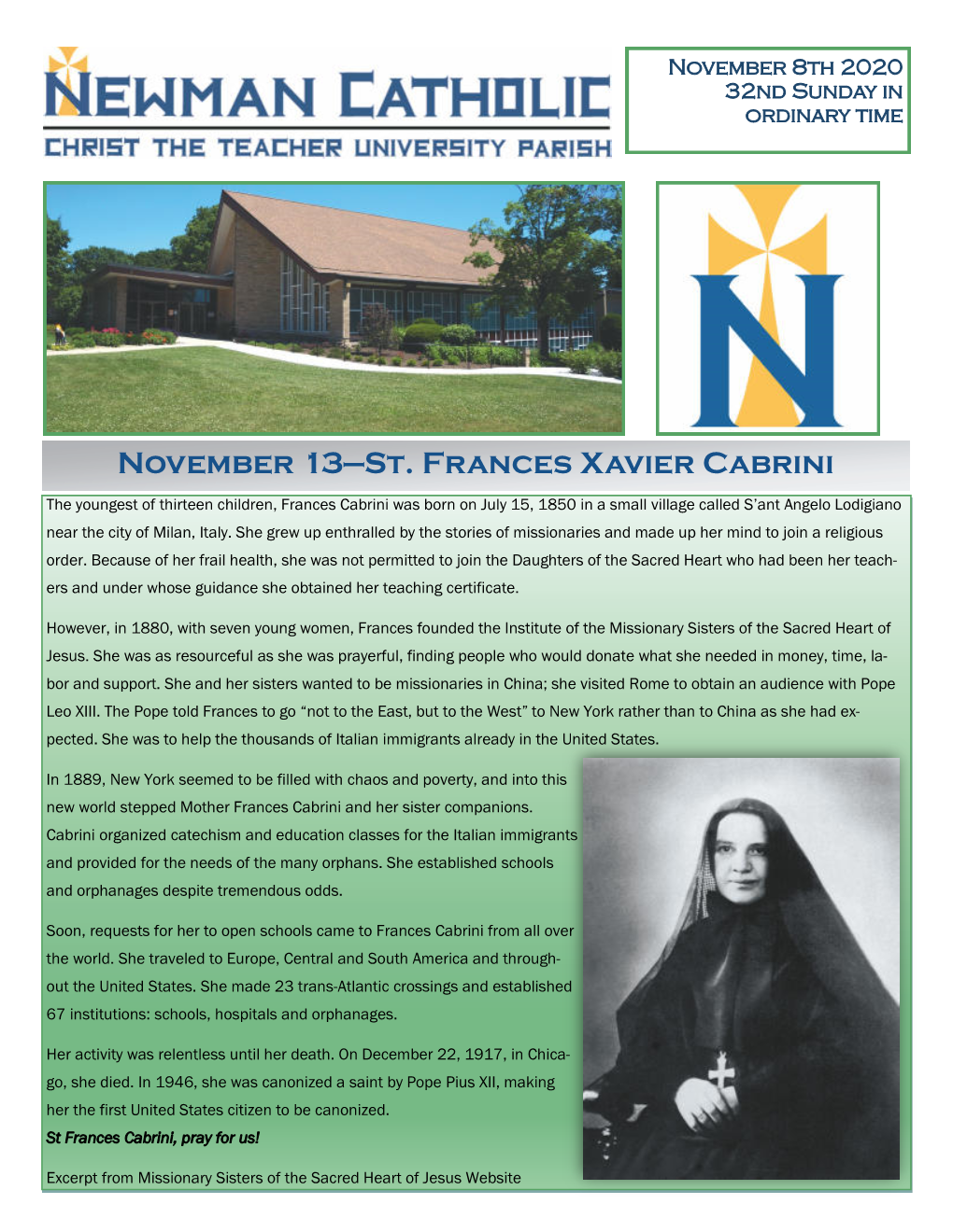 November 13—St. Frances Xavier Cabrini