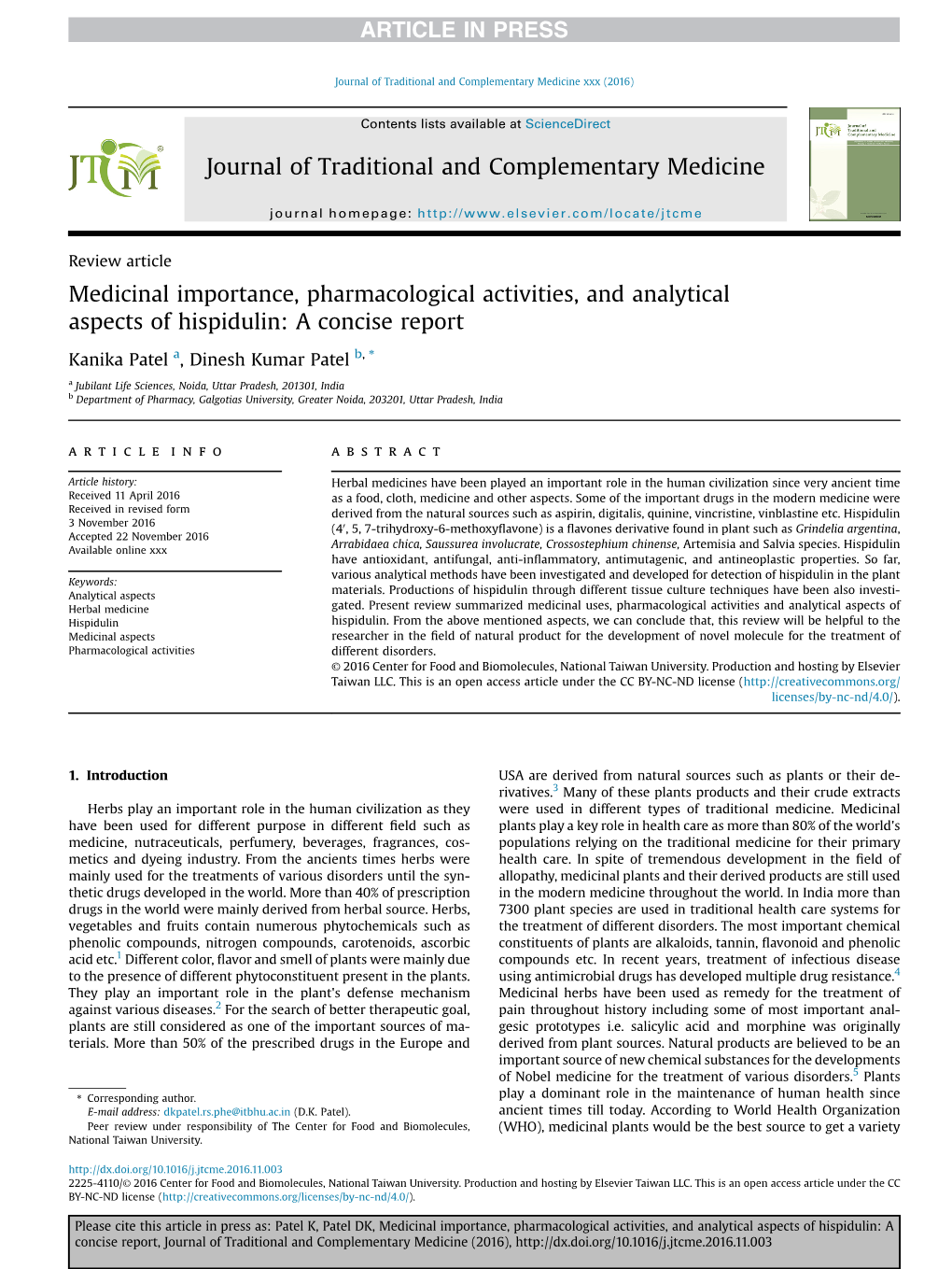 Medicinal Importance, Pharmacological Activities, and Analytical Aspects of Hispidulin: a Concise Report