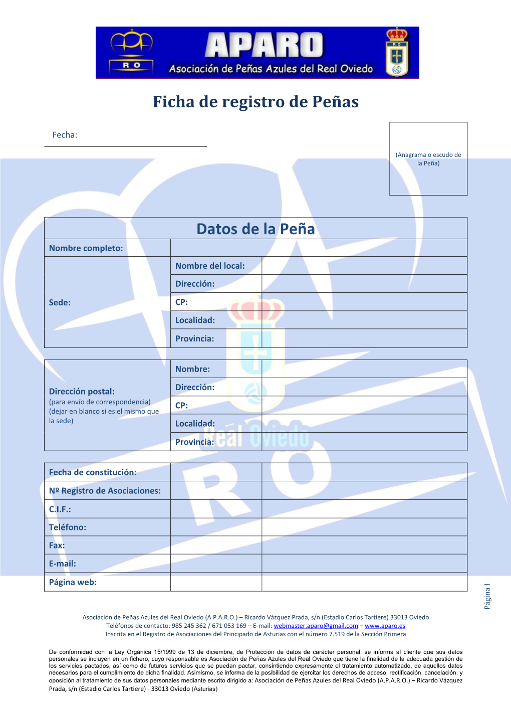 Ficha De Registro De Peñas Datos De La Peña