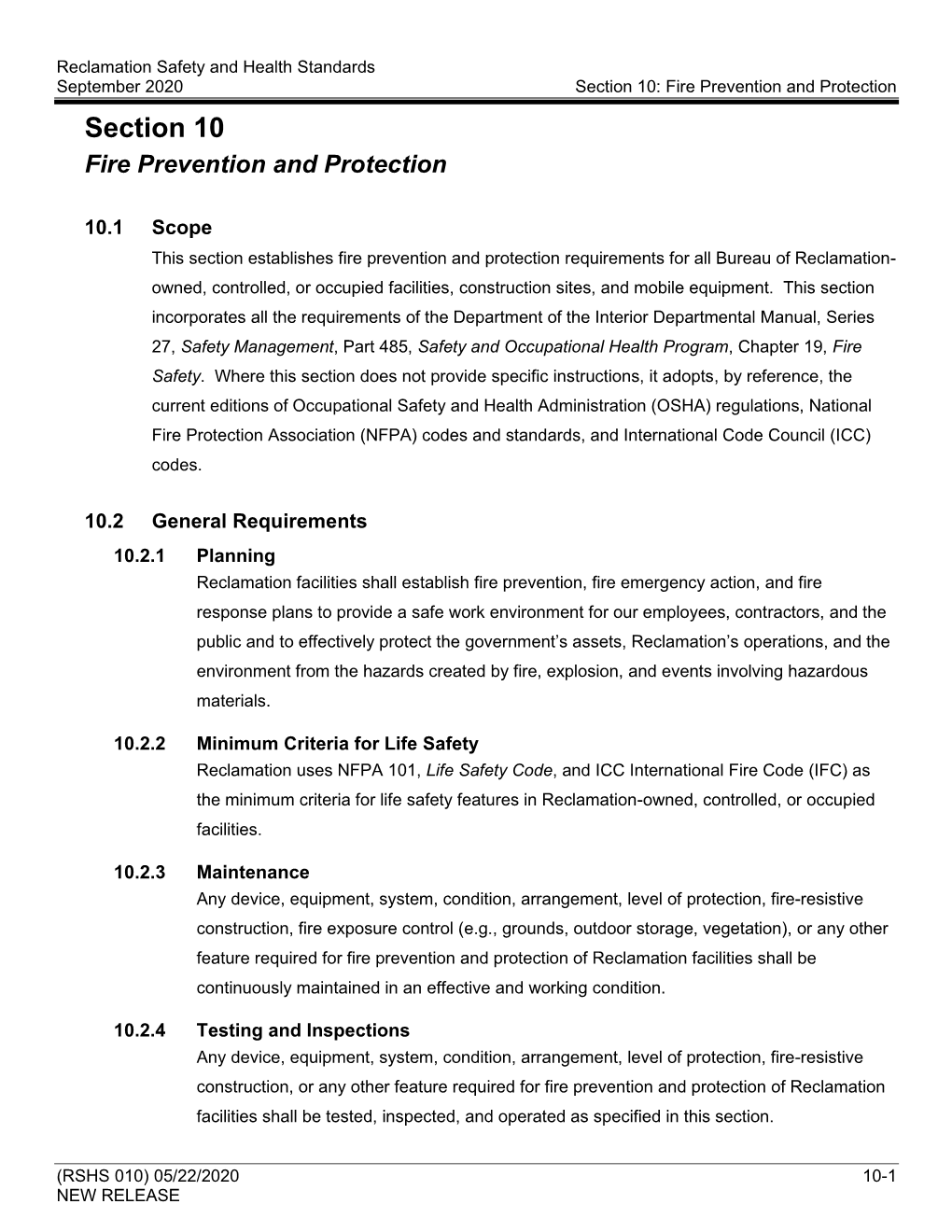 Section 10 – Fire Prevention and Protection