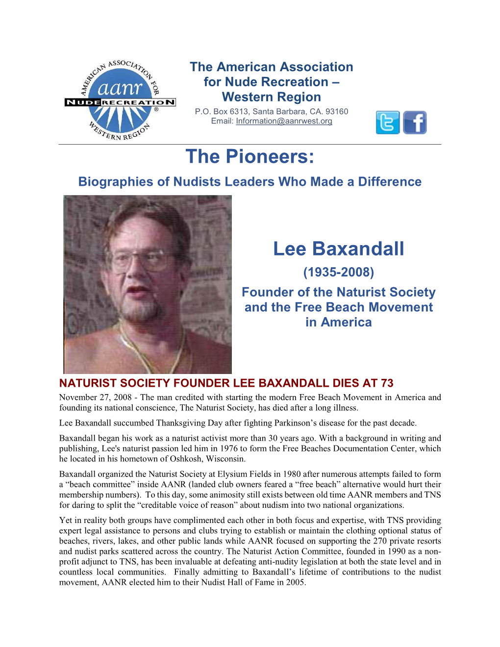 Lee Baxandall (1935-2008) Founder of the Naturist Society and the Free Beach Movement in America
