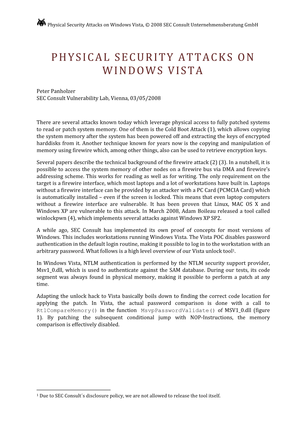 Physical Security Attacks on Windows Vista, © 2008 SEC Consult Unternehmensberatung Gmbh