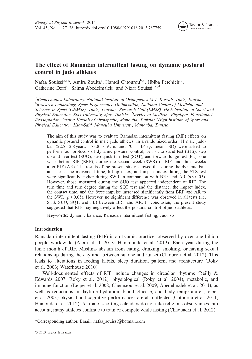 The Effect of Ramadan Intermittent Fasting on Dynamic Postural Control