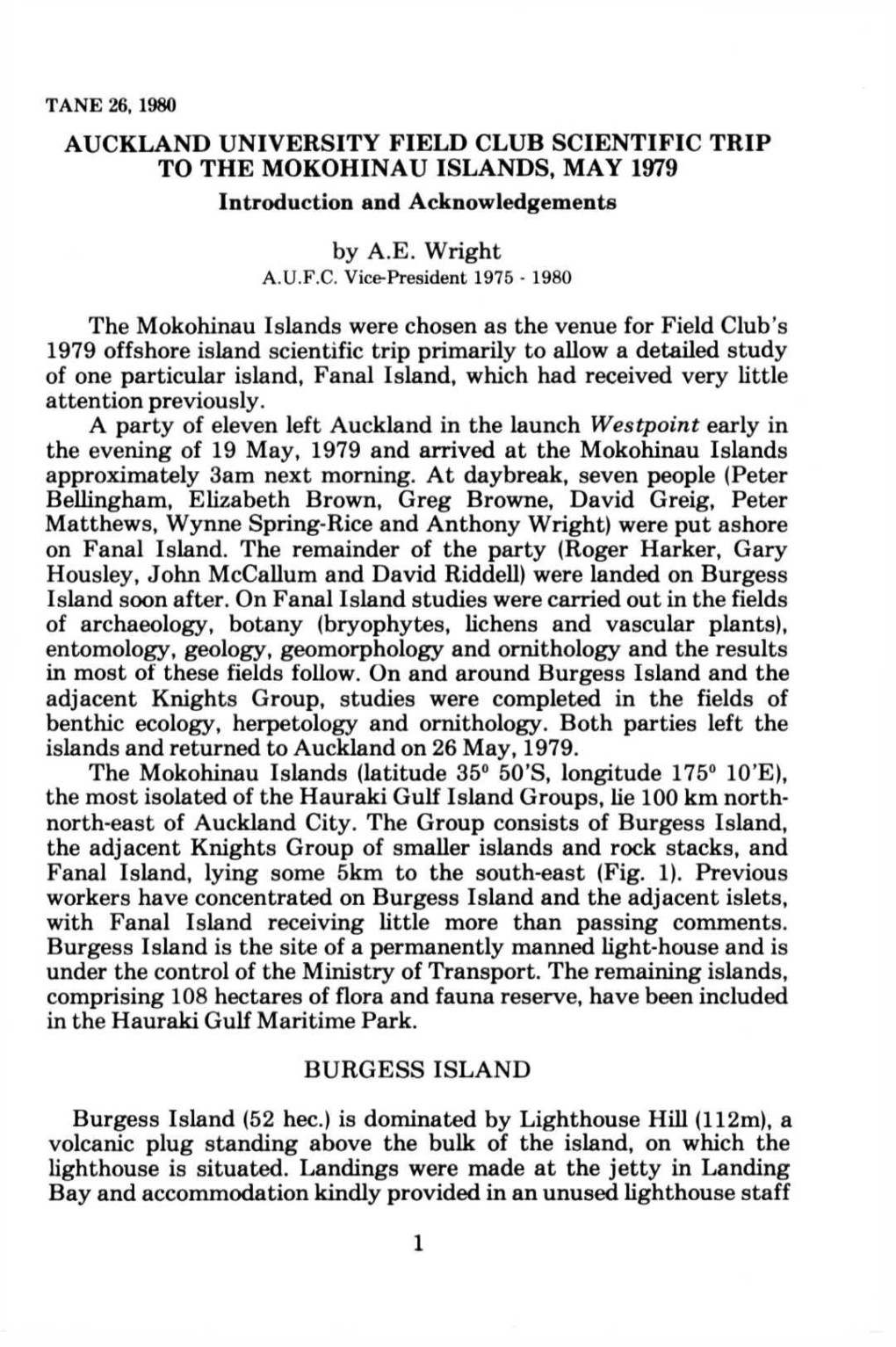 AUCKLAND UNIVERSITY FIELD CLUB SCIENTIFIC TRIP to the MOKOHINAU ISLANDS, MAY 1979 Introduction and Acknowledgements