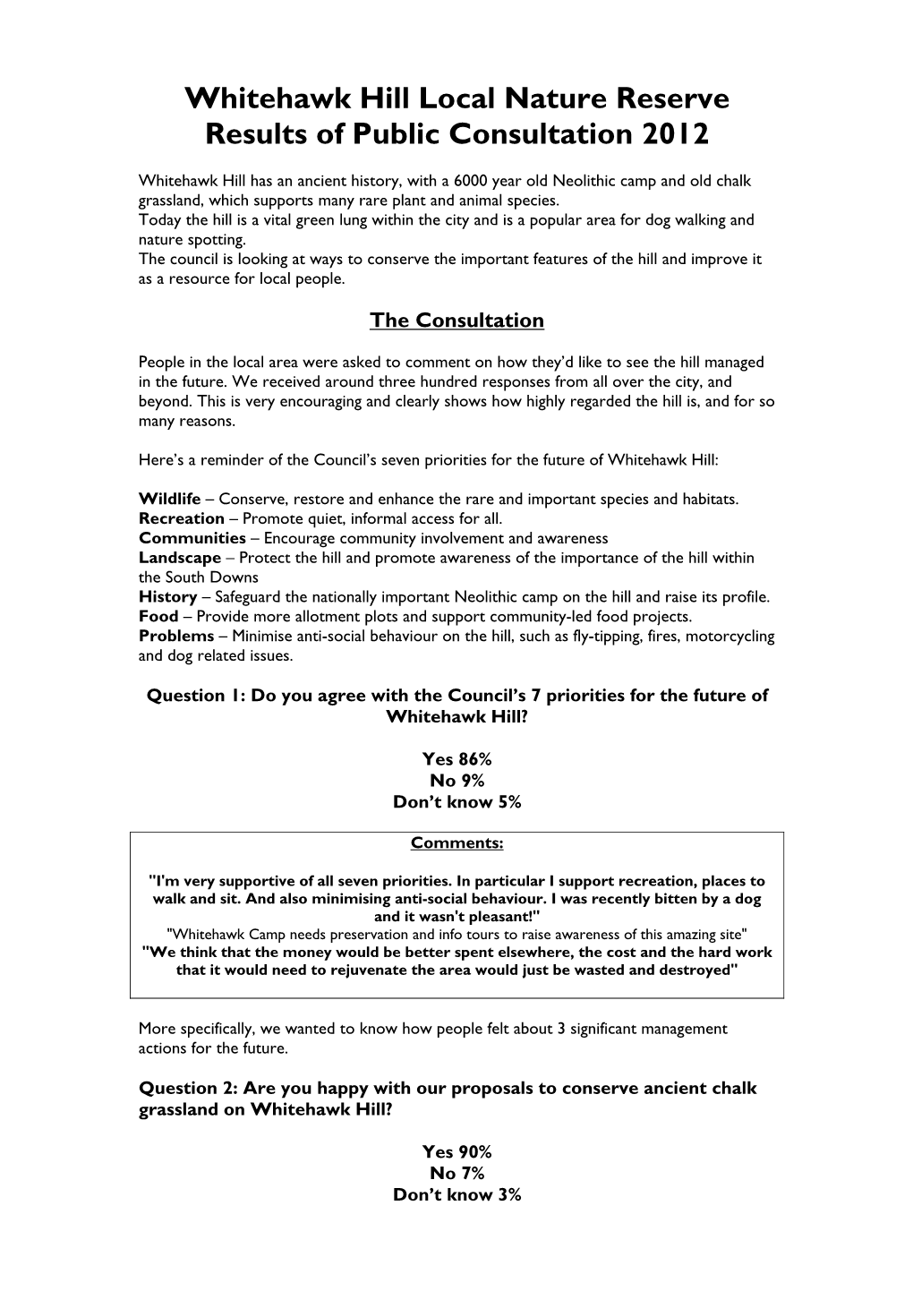 Whitehawk Hill Local Nature Reserve Results of Public Consultation 2012