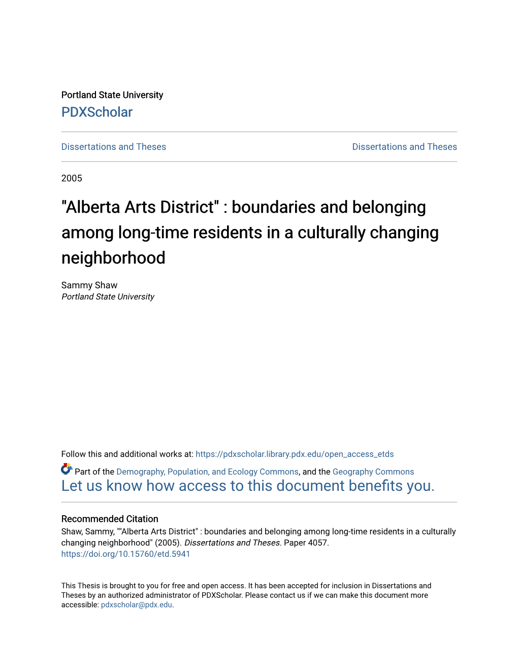 Alberta Arts District" : Boundaries and Belonging Among Long-Time Residents in a Culturally Changing Neighborhood