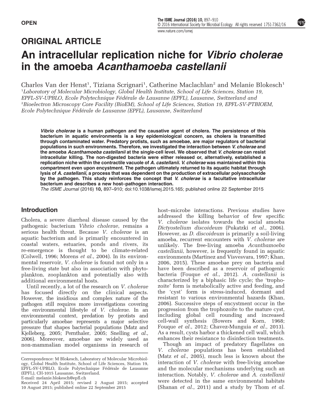 An Intracellular Replication Niche for Vibrio Cholerae in the Amoeba Acanthamoeba Castellanii