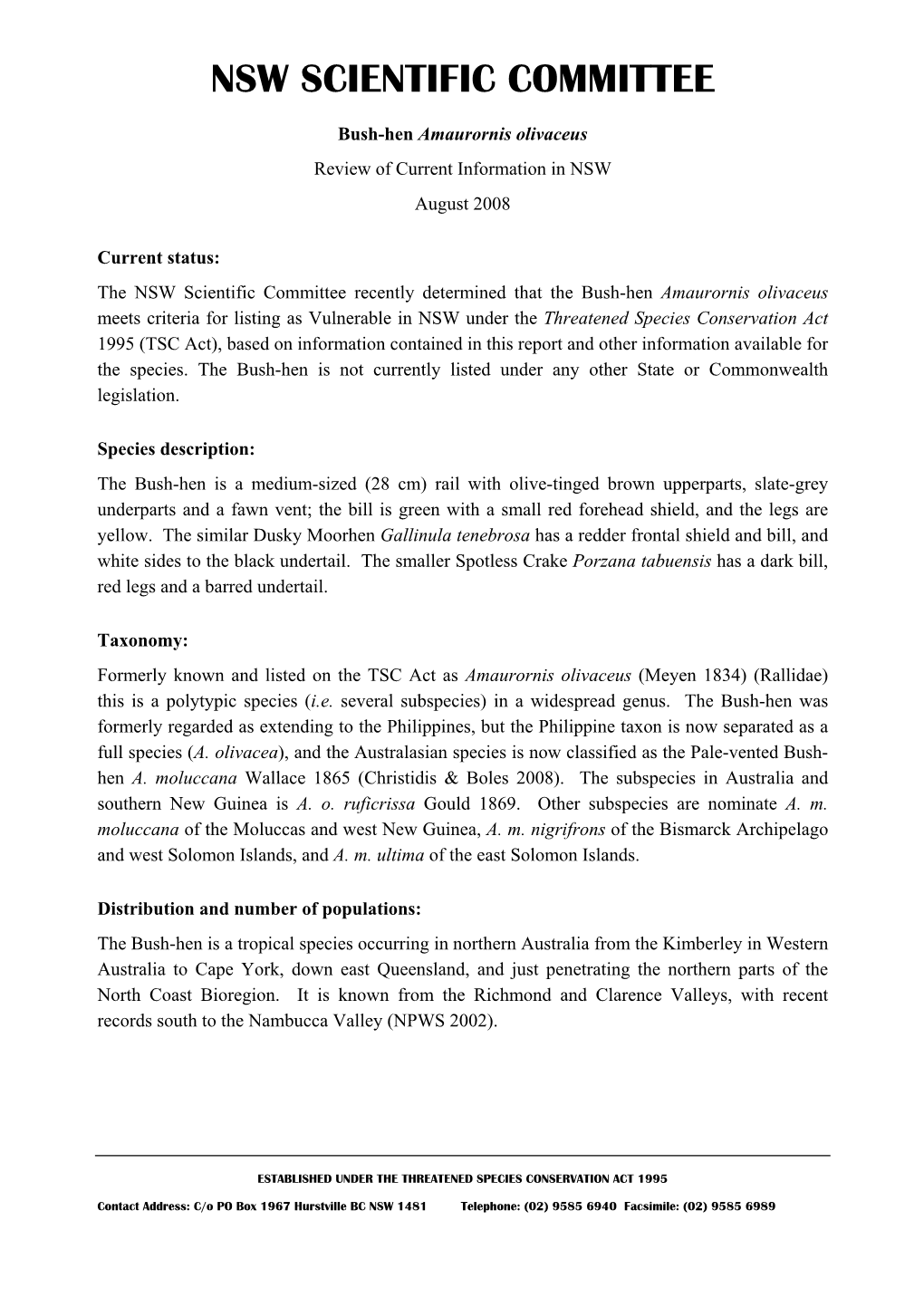 Conservation Status of Bush-Hen in New South Wales