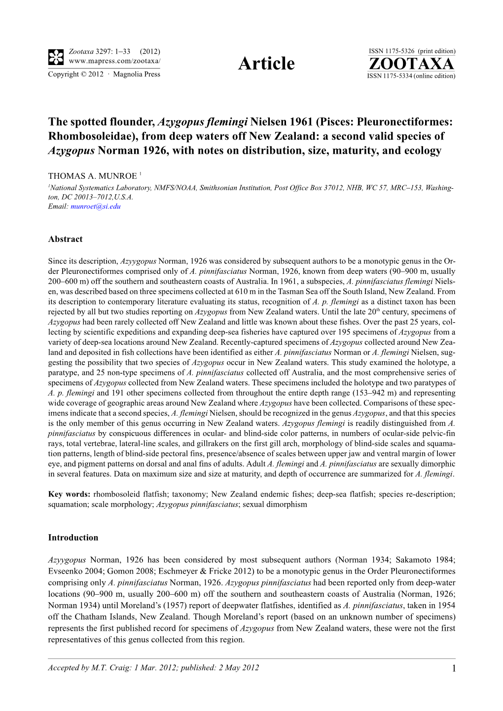 The Spotted Flounder, Azygopus Flemingi Nielsen 1961 (Pisces: Pleuronectiformes Rhombosoleidae), from Deep Waters Off New Zealan