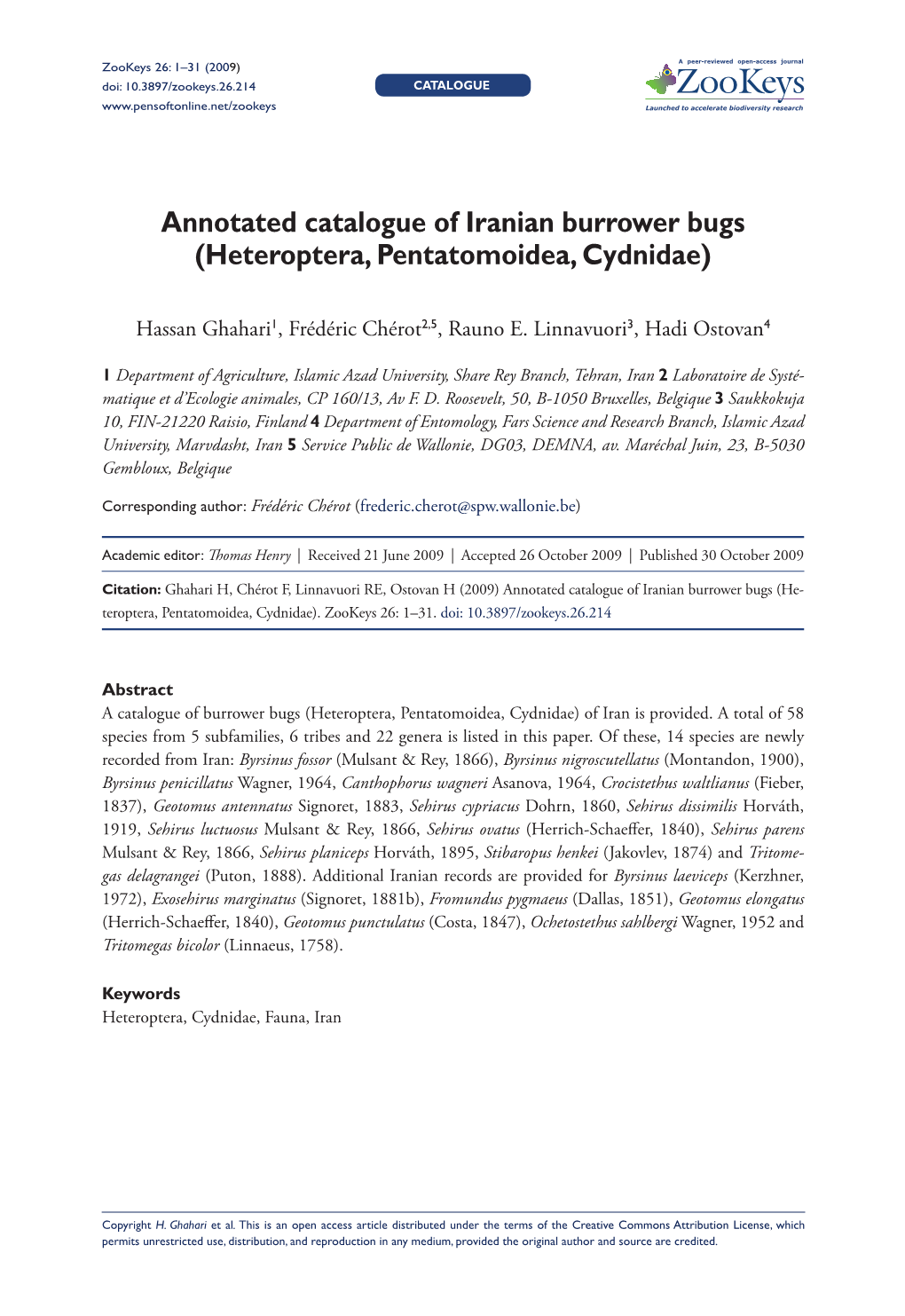 Annotated Catalogue of Iranian Burrower Bugs (Heteroptera, Pentatomoidea, Cydnidae)