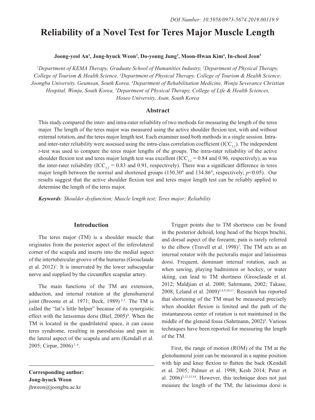 Reliability of a Novel Test for Teres Major Muscle Length