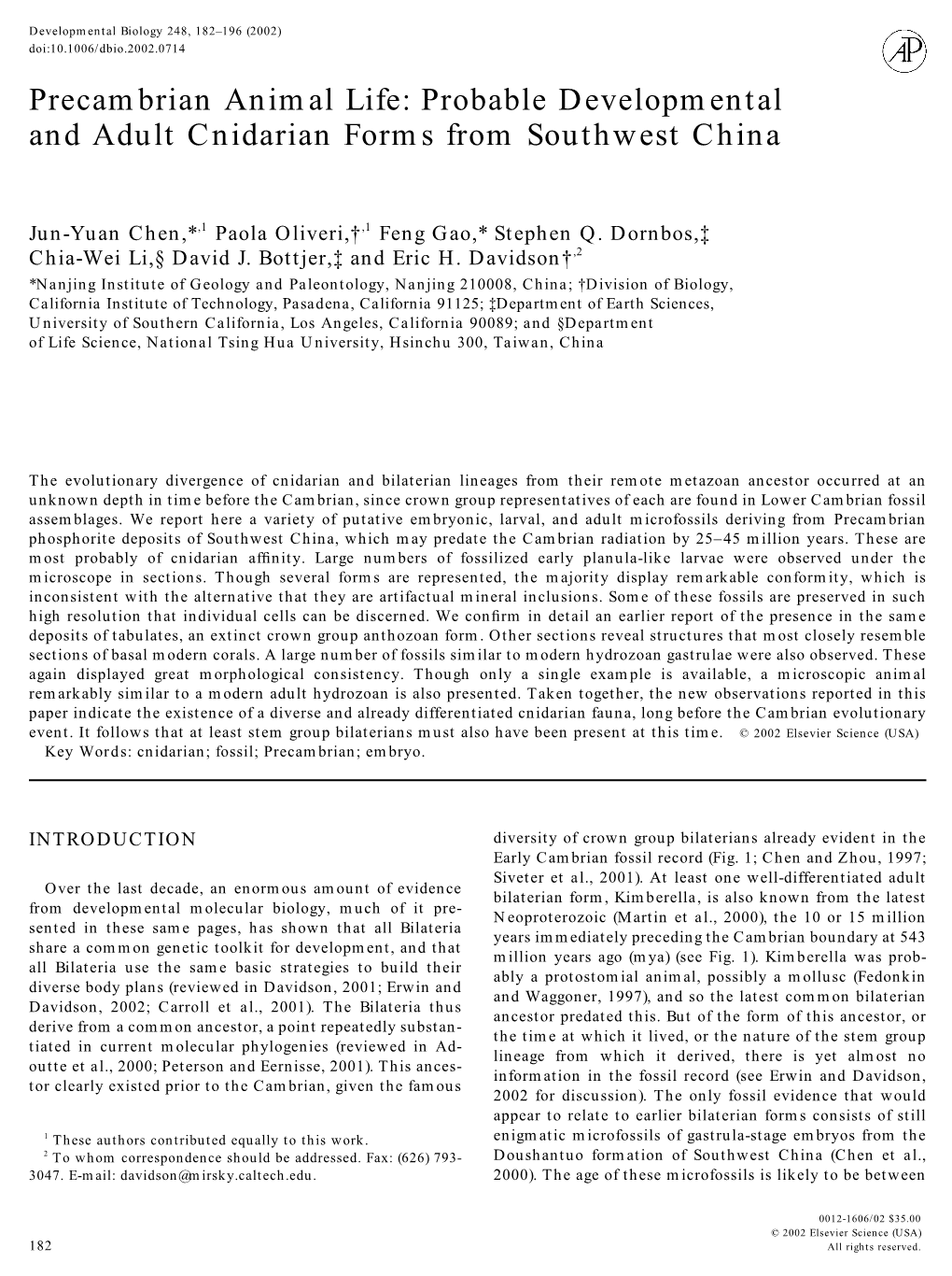 Probable Developmental and Adult Cnidarian Forms from Southwest China