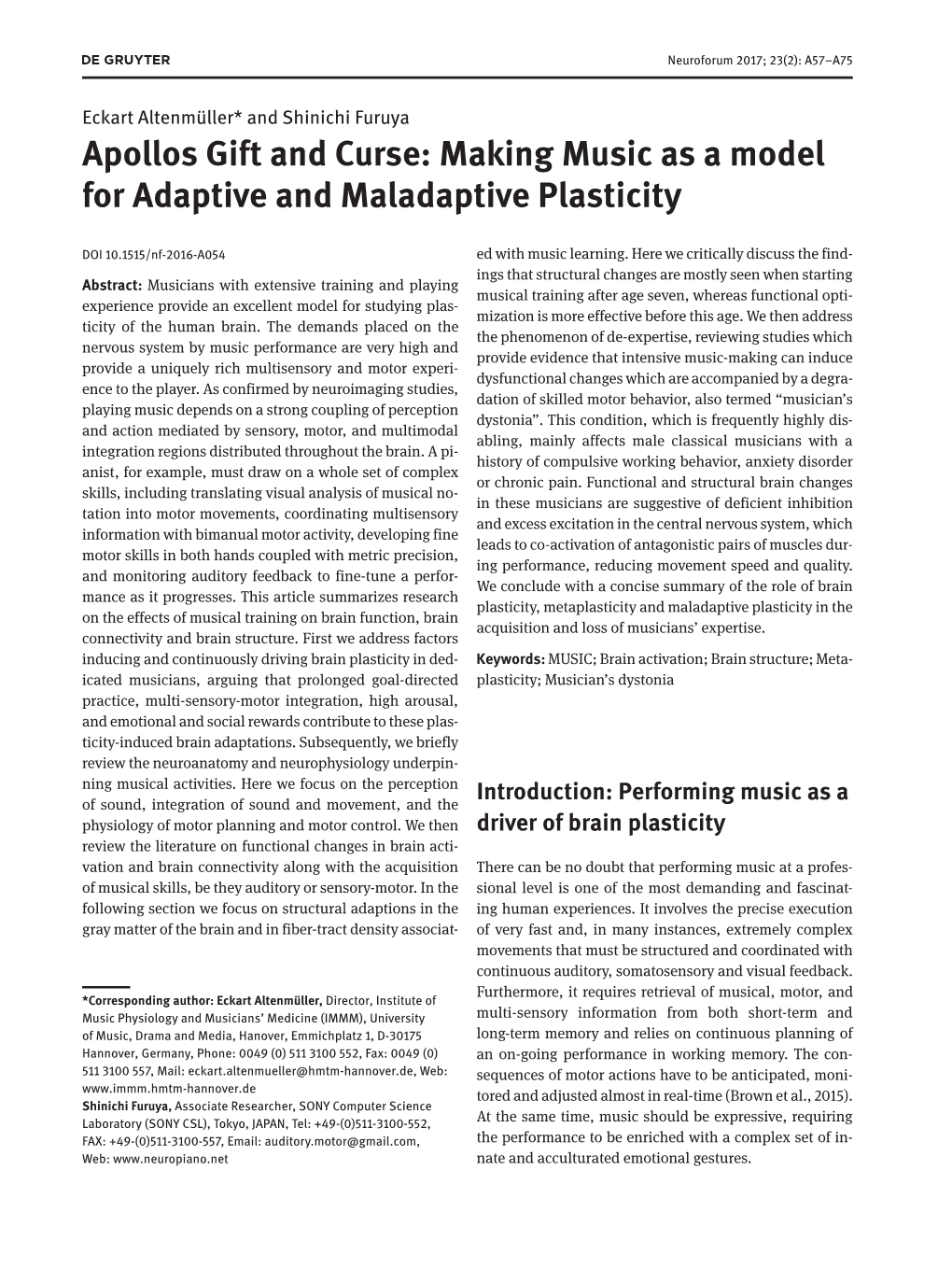 Making Music As a Model for Adaptive and Maladaptive Plasticity