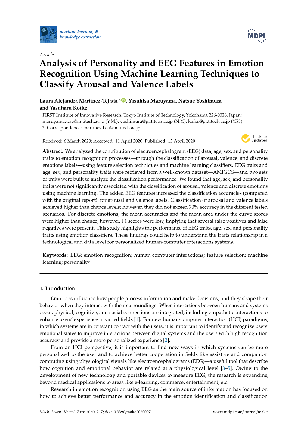 Analysis of Personality and EEG Features in Emotion Recognition Using Machine Learning Techniques to Classify Arousal and Valence Labels