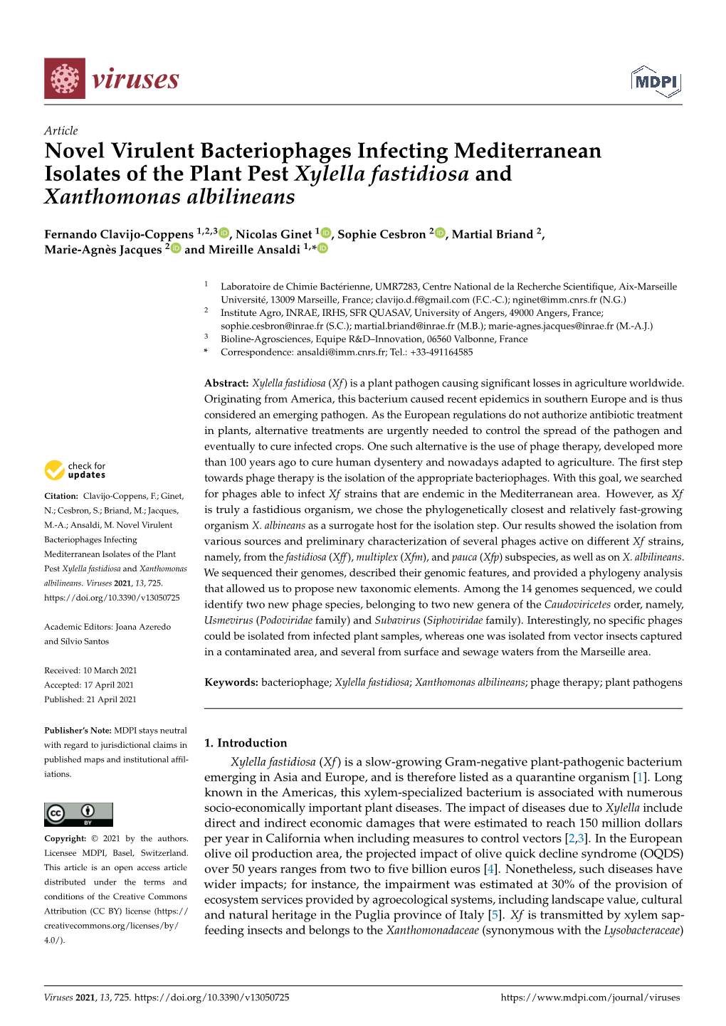 Novel Virulent Bacteriophages Infecting Mediterranean Isolates of the Plant Pest Xylella Fastidiosa and Xanthomonas Albilineans